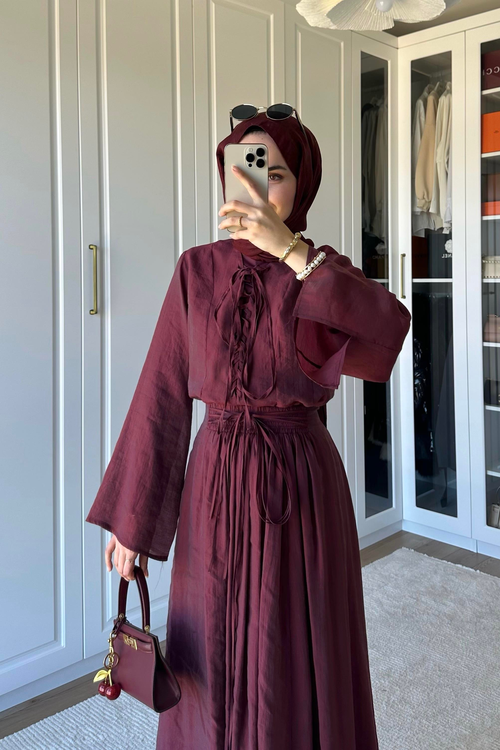 Bianca Örme Yaka Detaylı Etek Takım - BORDO