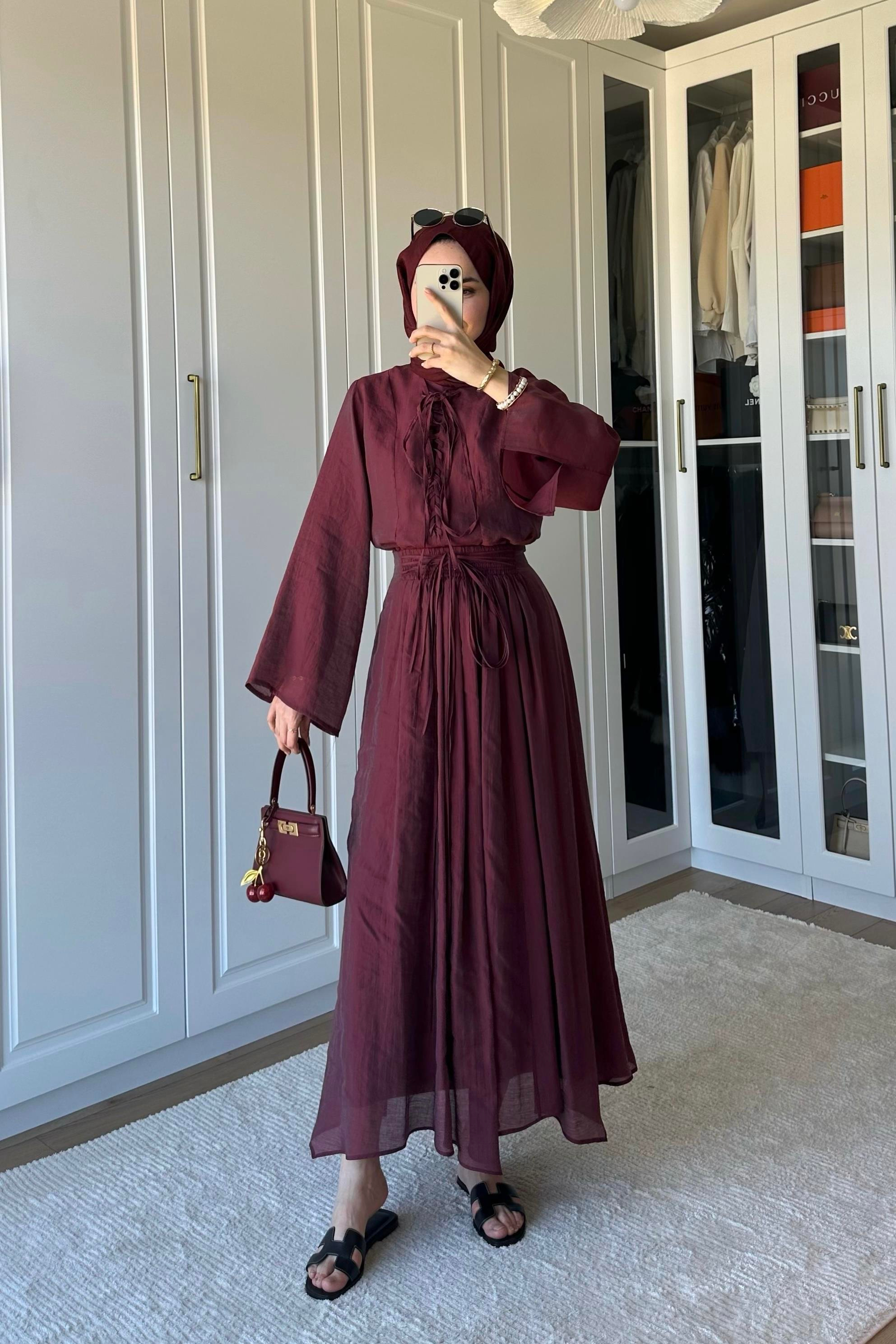 Bianca Örme Yaka Detaylı Etek Takım - BORDO