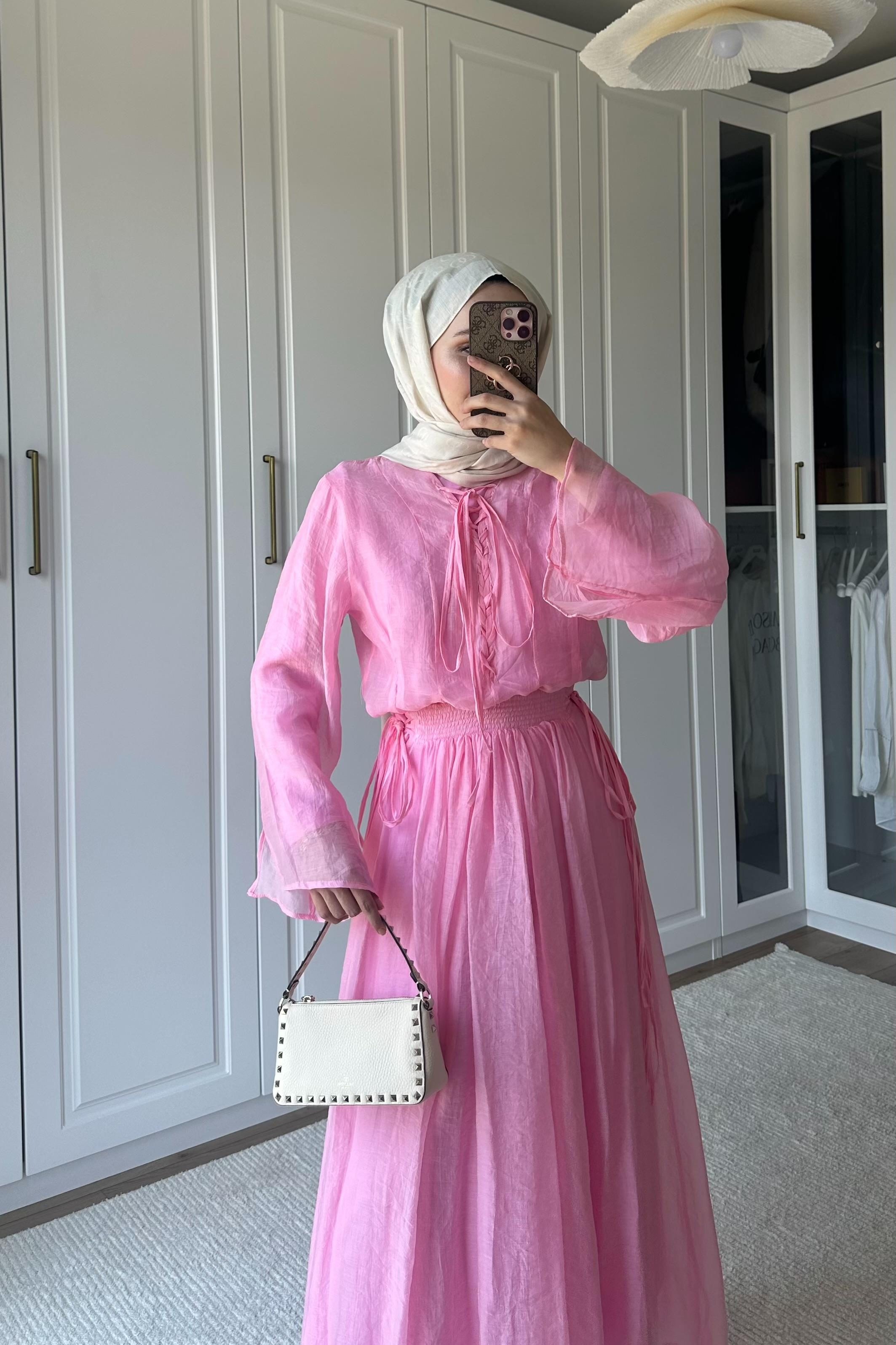 Bianca Örme Yaka Detaylı Etek Takım - PEMBE