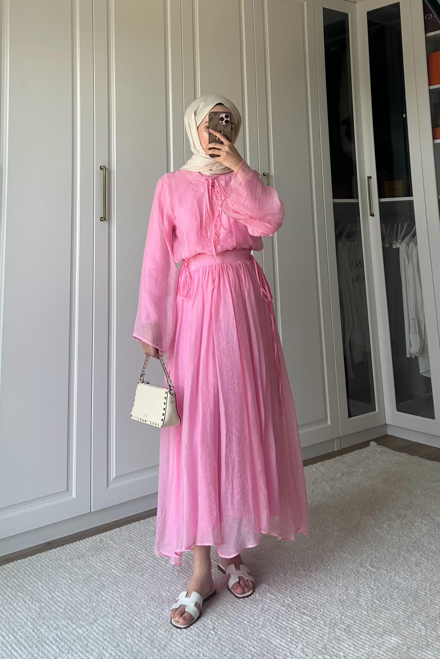 Bianca Örme Yaka Detaylı Etek Takım - PEMBE