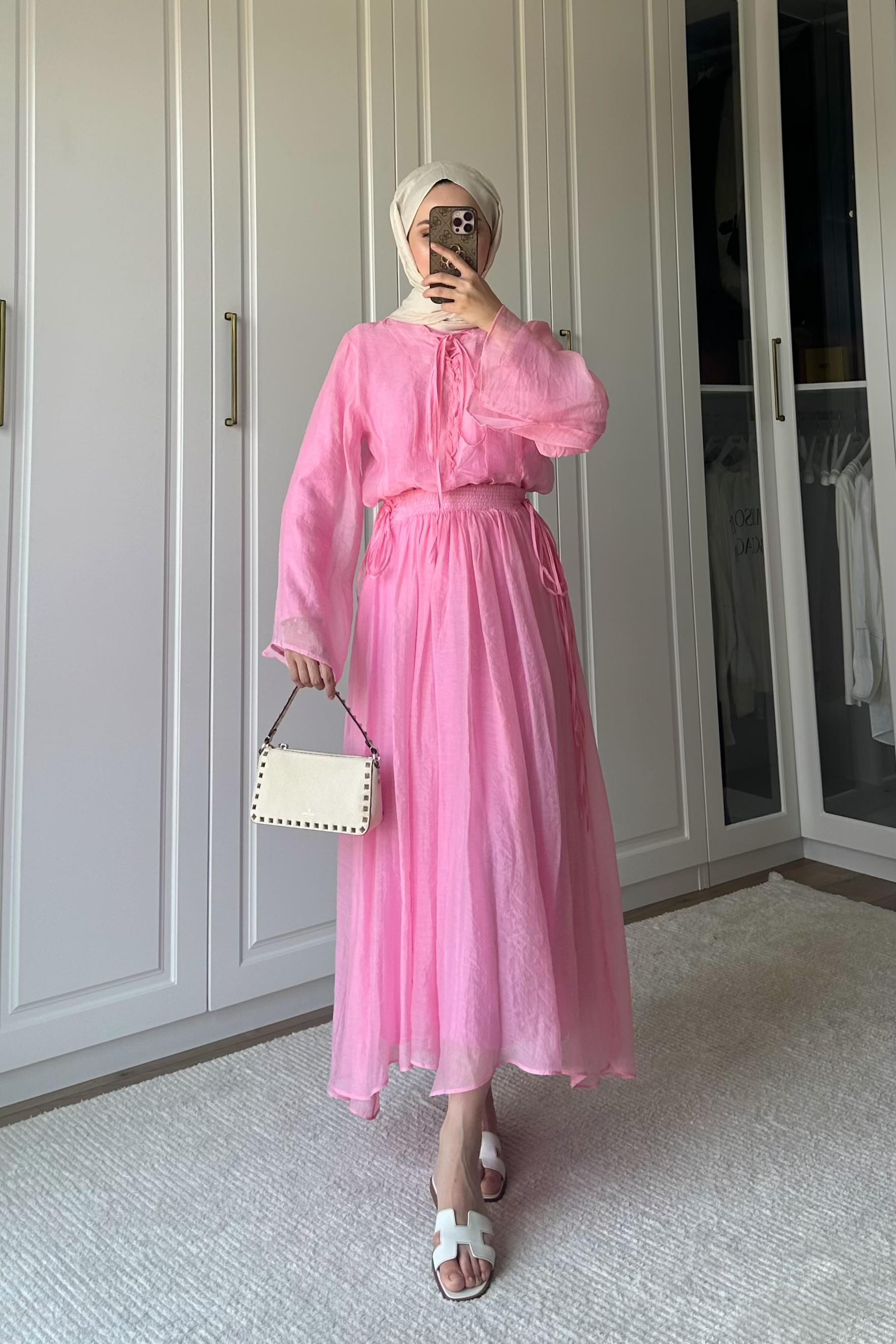 Bianca Örme Yaka Detaylı Etek Takım - PEMBE