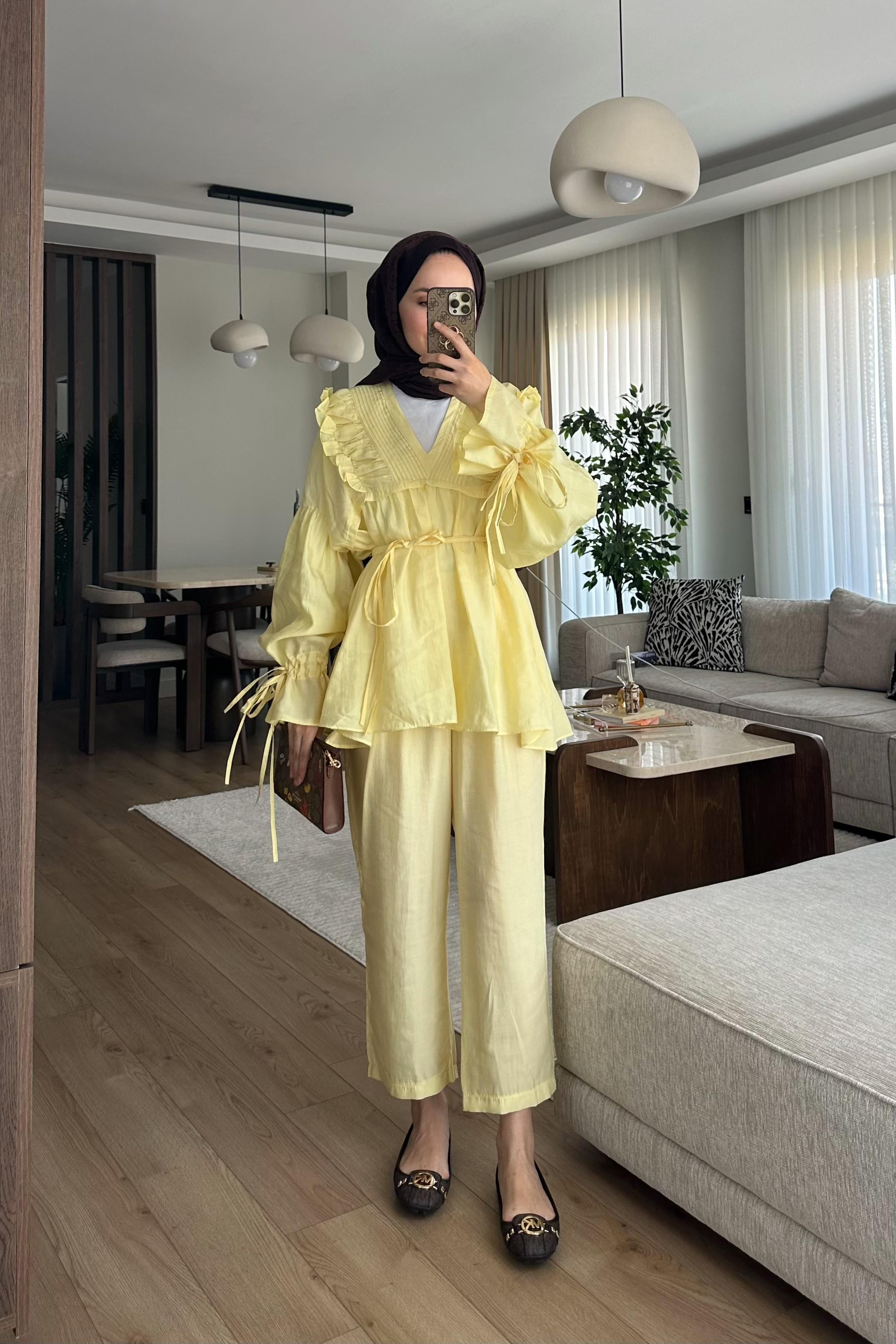 Camille Yaka Detay Pantolonlu Takım - BUTTER YELLOW
