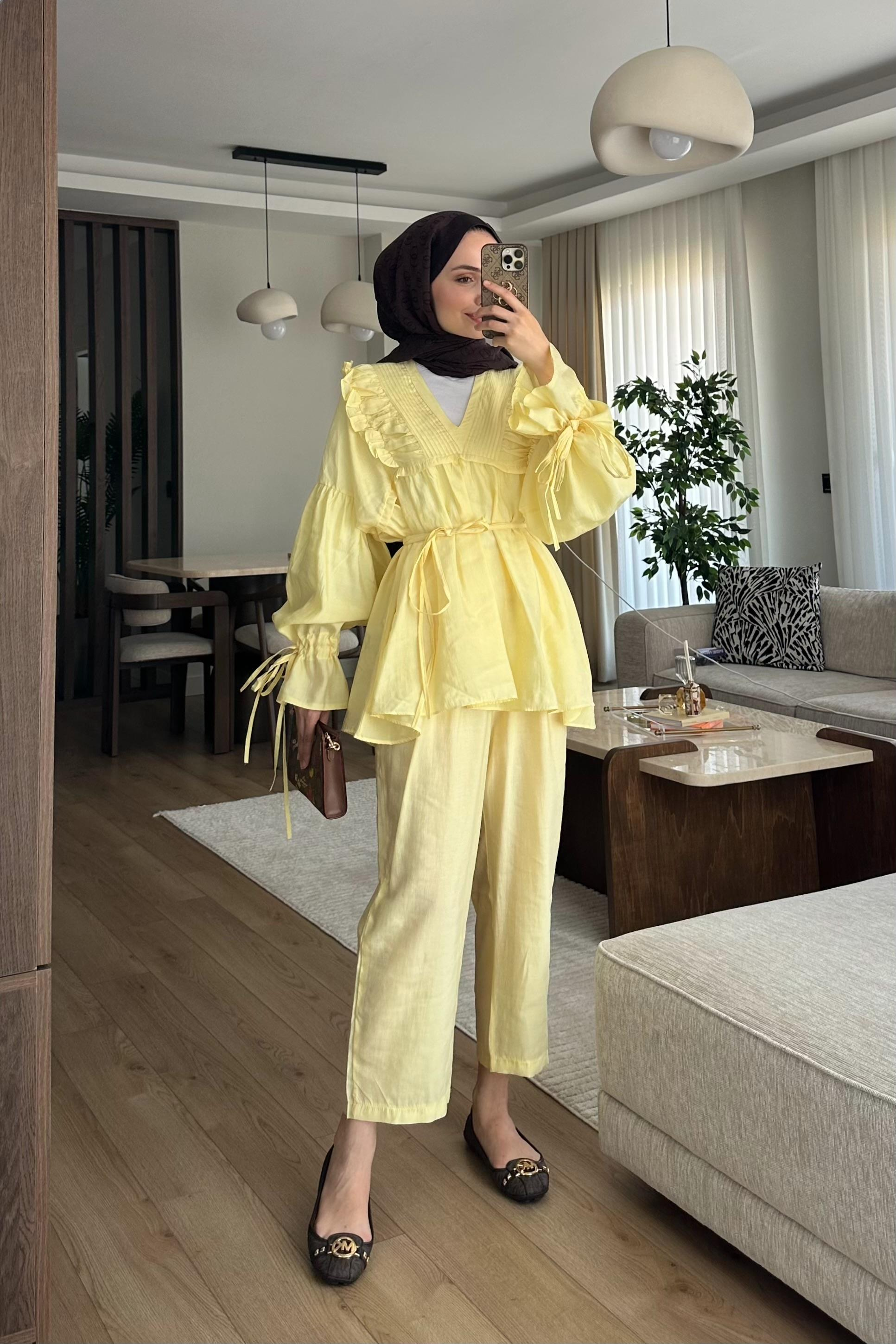 Camille Yaka Detay Pantolonlu Takım - BUTTER YELLOW