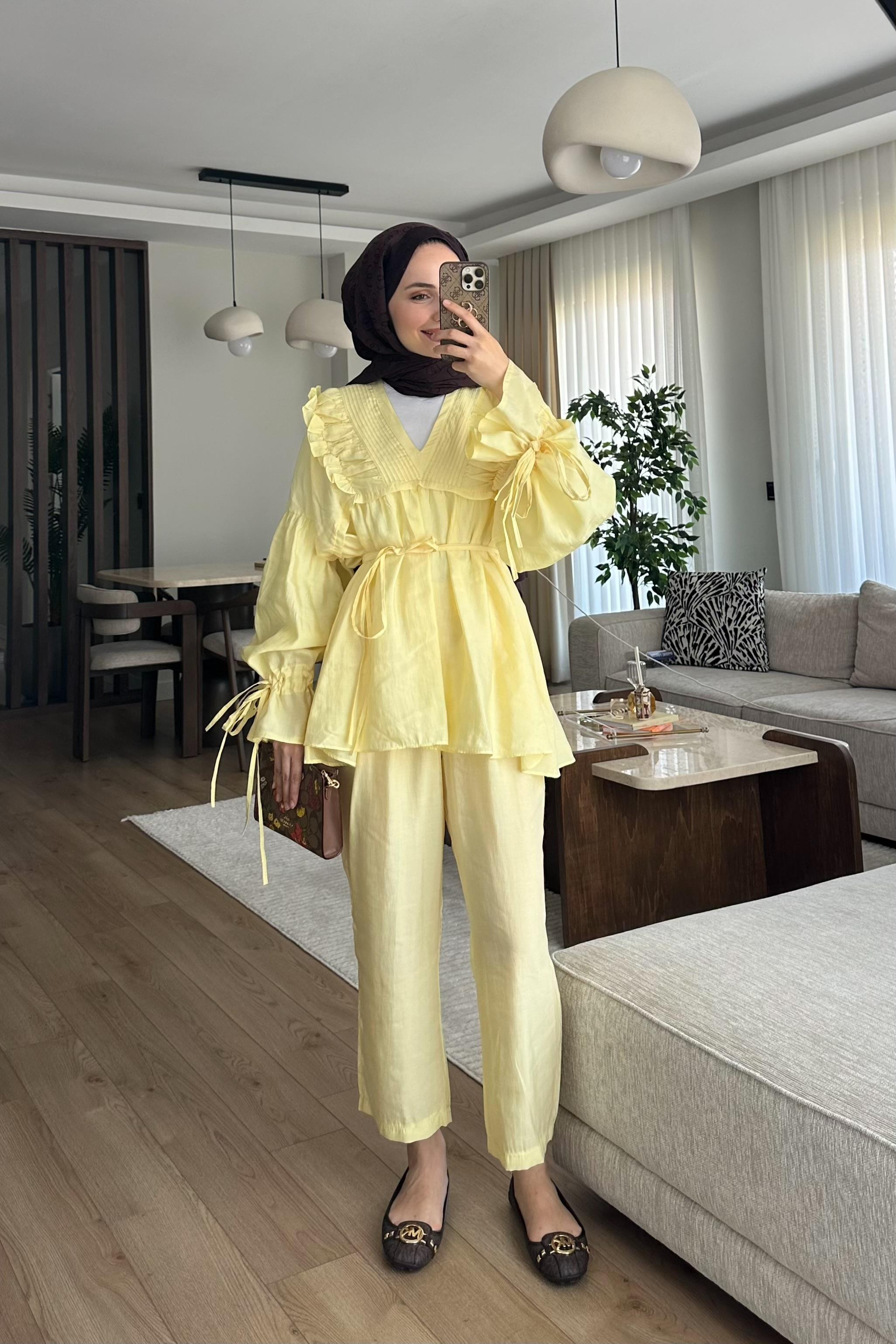 Camille Yaka Detay Pantolonlu Takım - BUTTER YELLOW