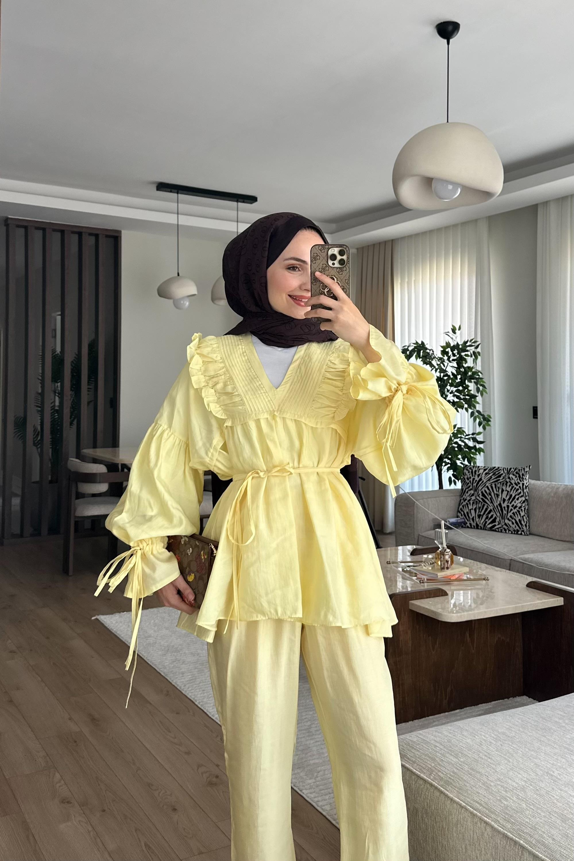 Camille Yaka Detay Pantolonlu Takım - BUTTER YELLOW