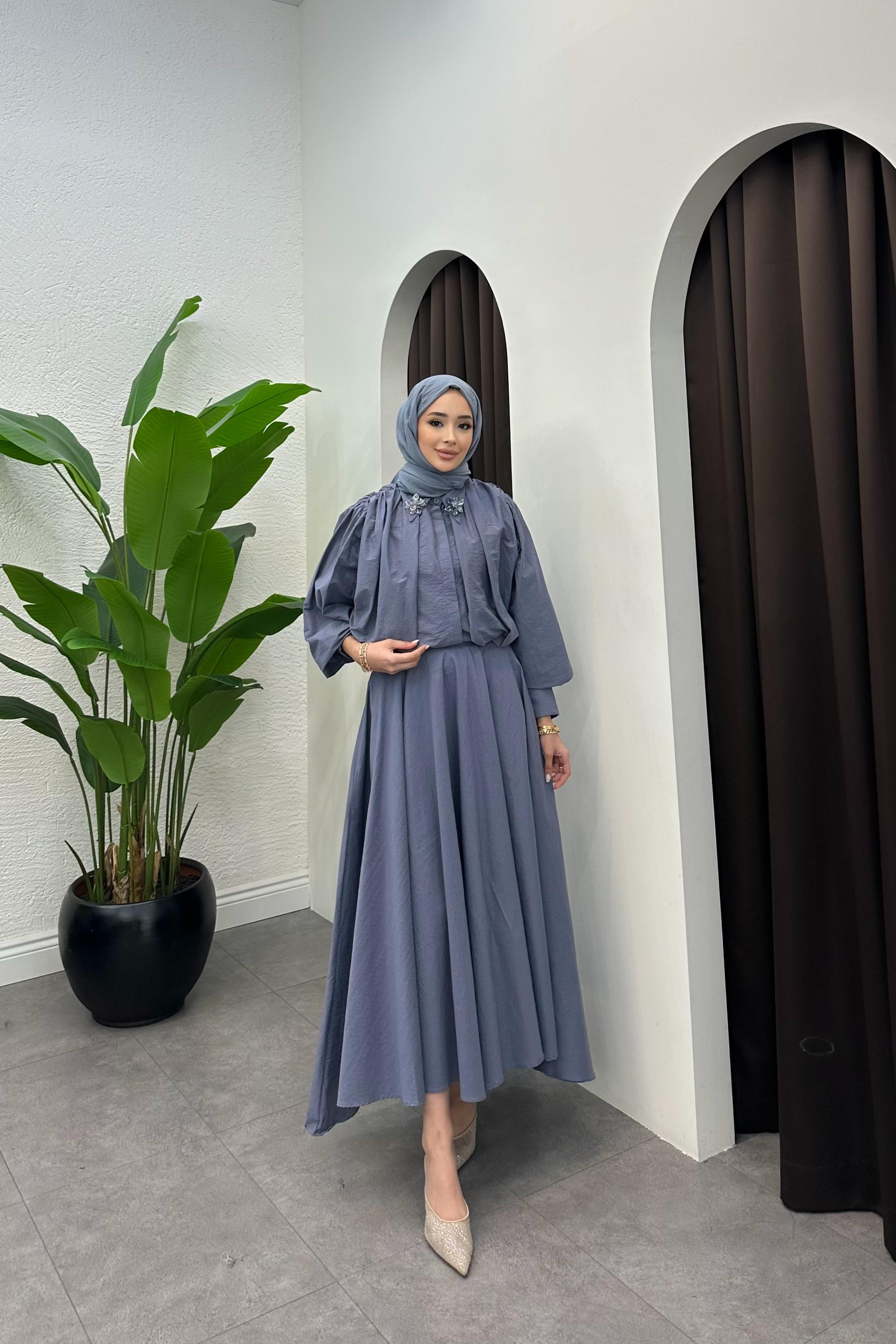 Cendy Çiçek Aksesuarlı Takım - İNDİGO