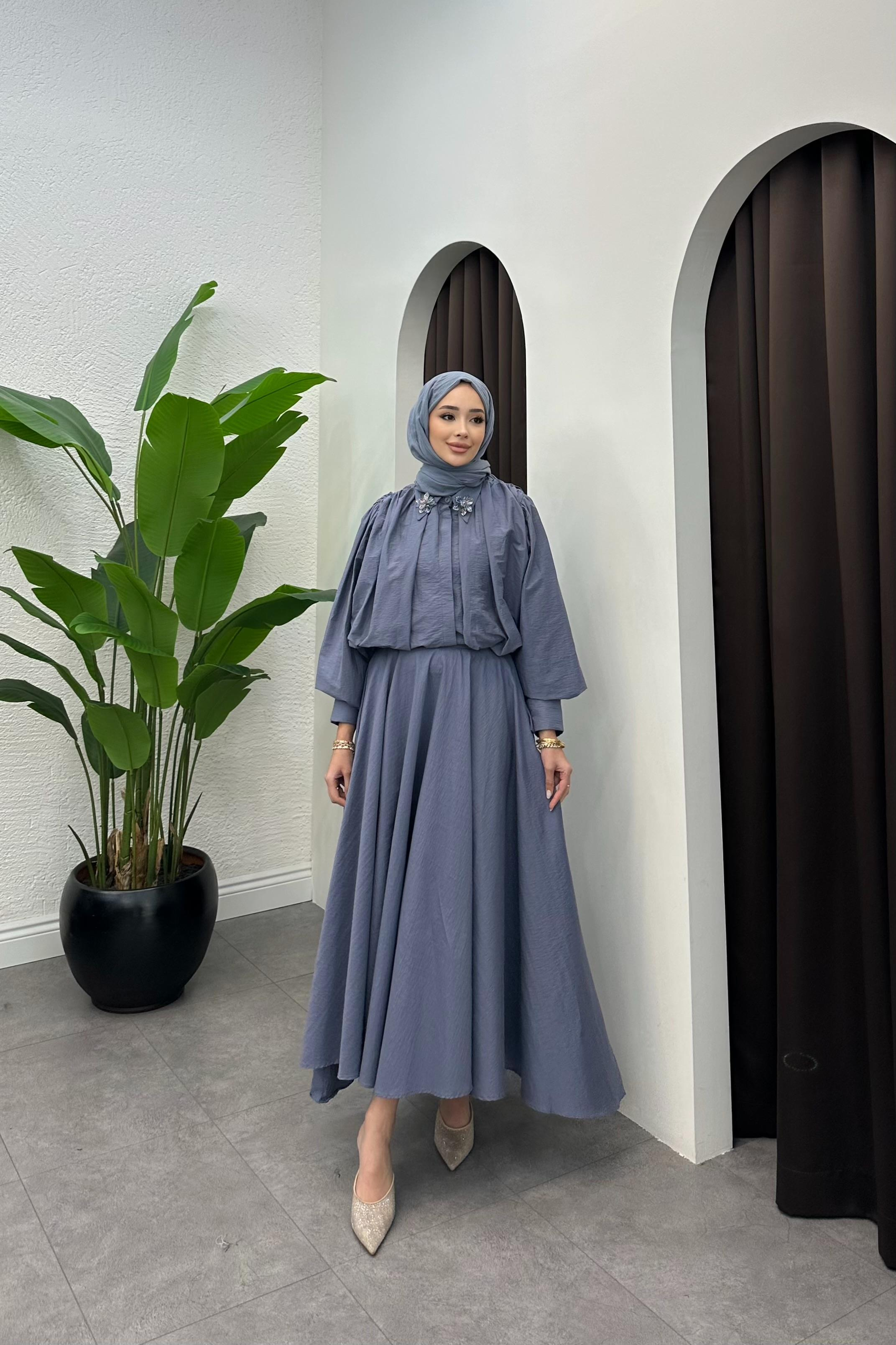 Cendy Çiçek Aksesuarlı Takım - İNDİGO