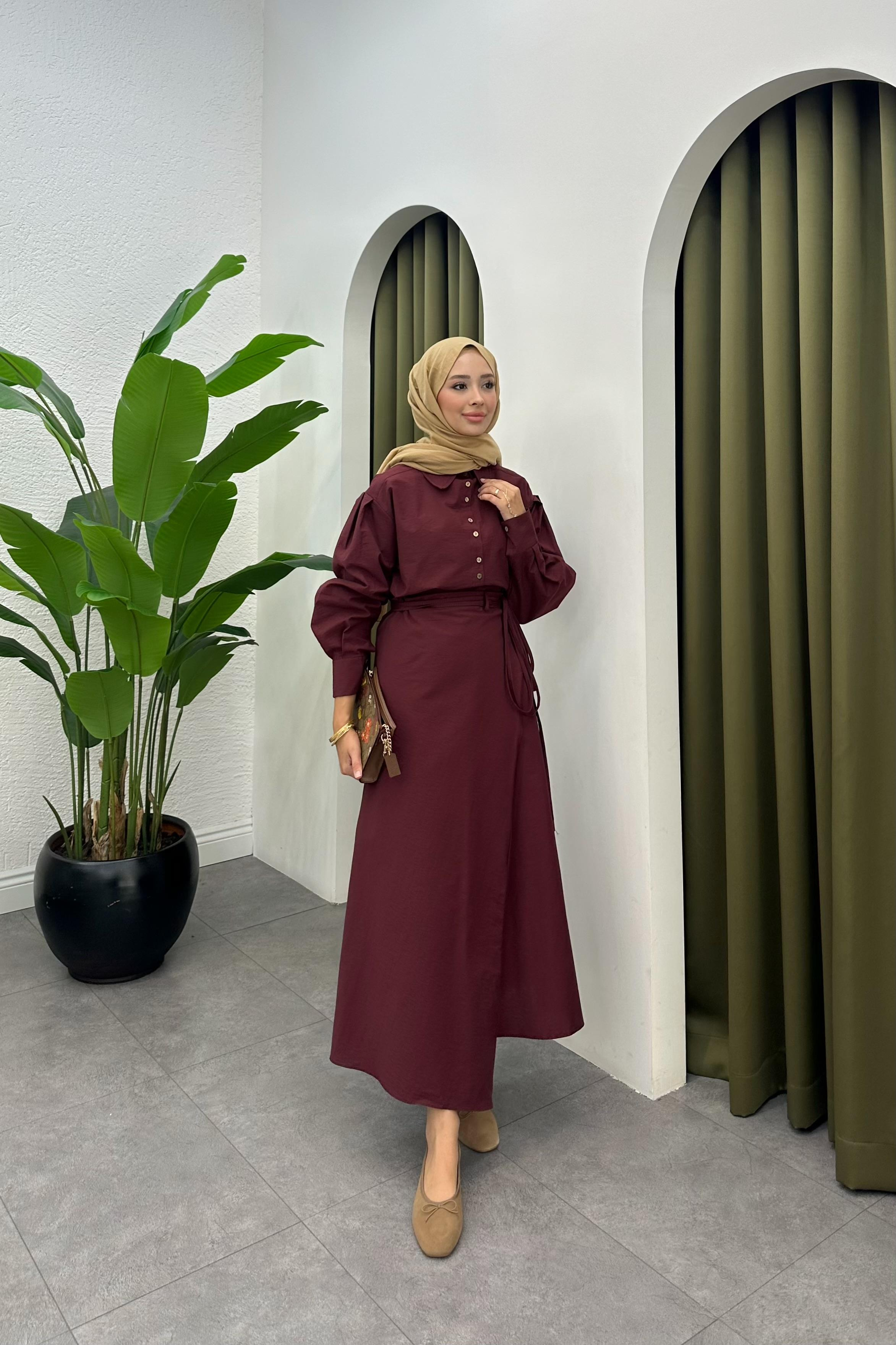 Denri Bağlama Detay Etek Takım - BORDO