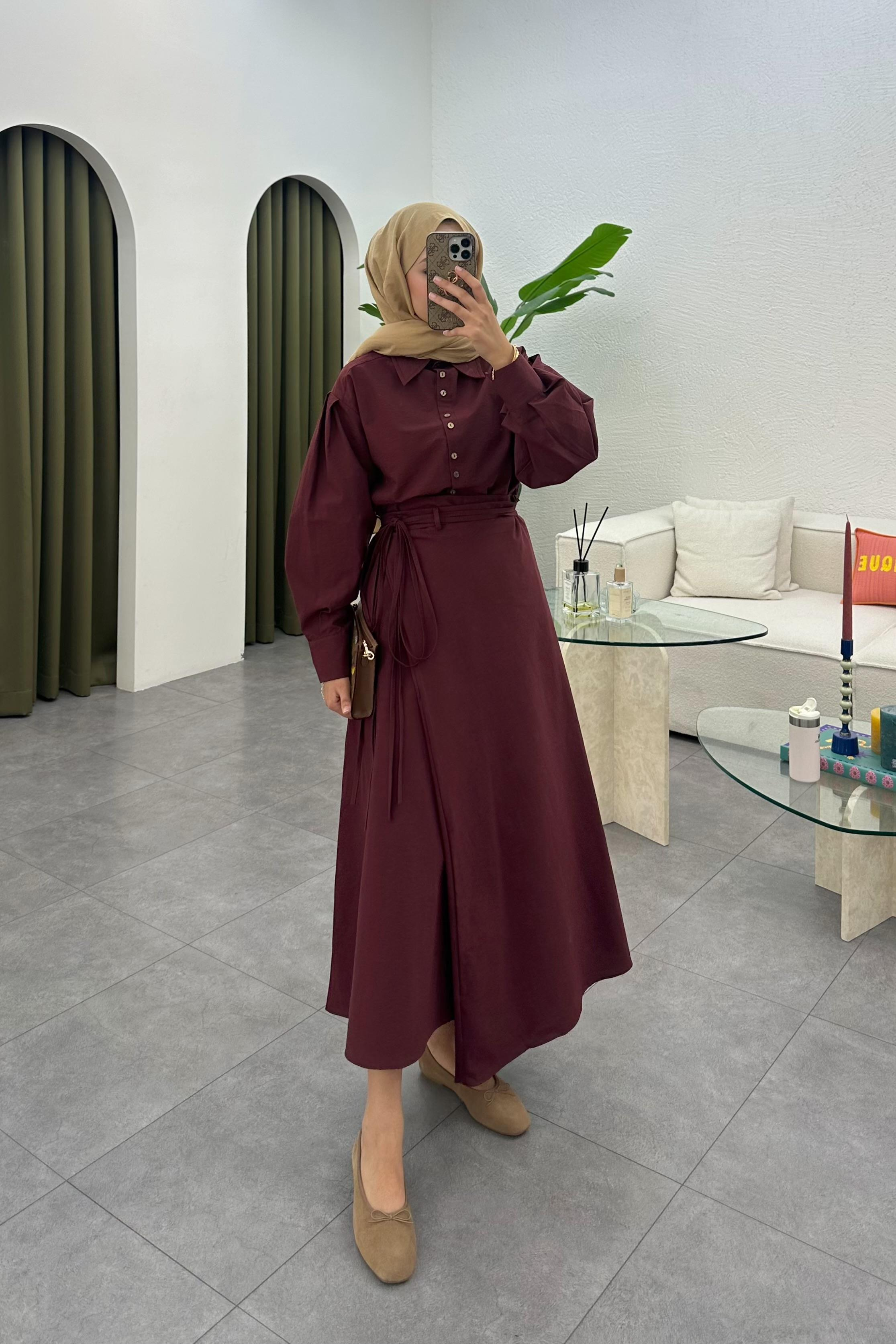 Denri Bağlama Detay Etek Takım - BORDO