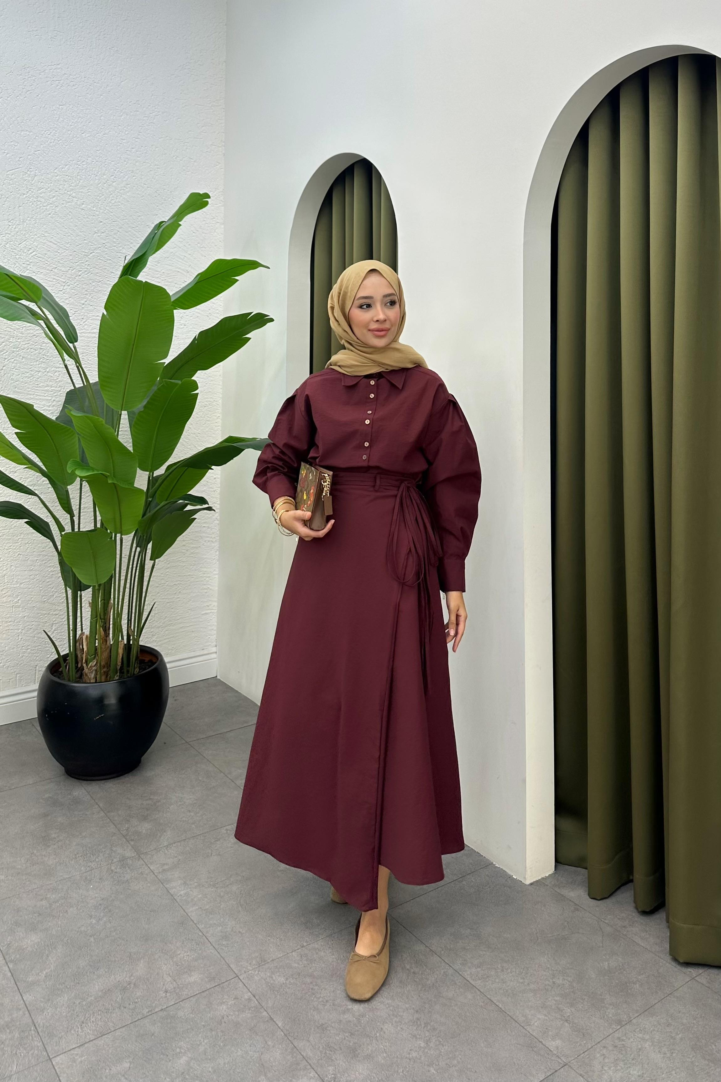 Denri Bağlama Detay Etek Takım - BORDO