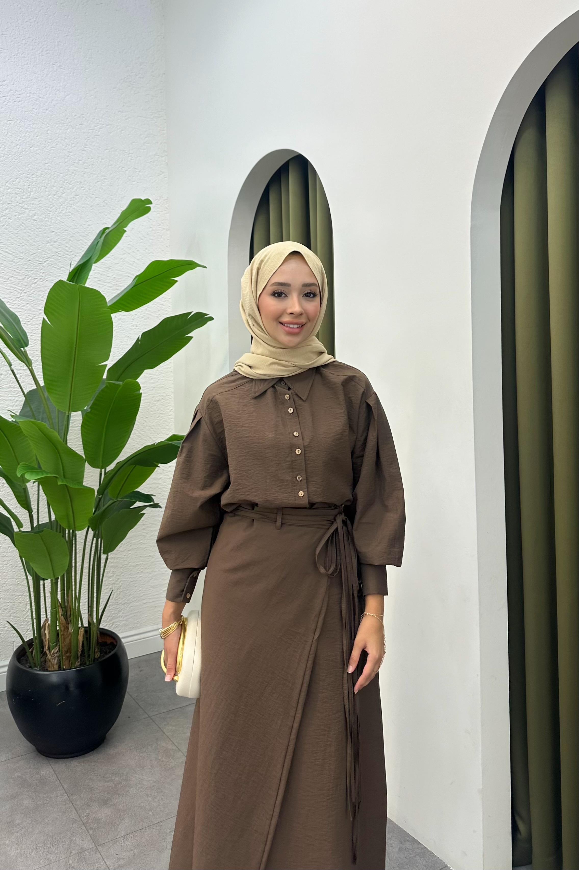 Denri Bağlama Detay Etek Takım - KAHVE