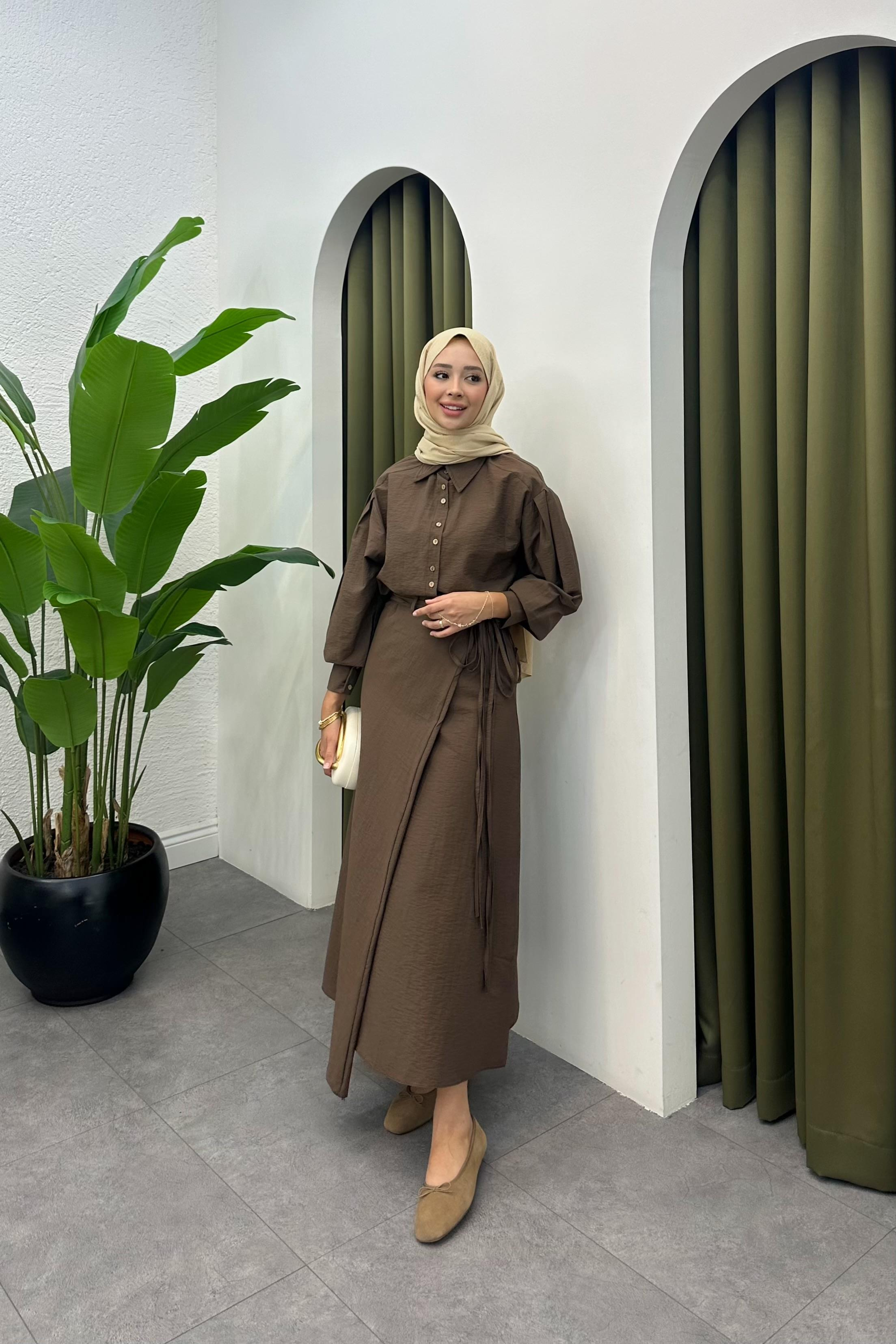 Denri Bağlama Detay Etek Takım - KAHVE