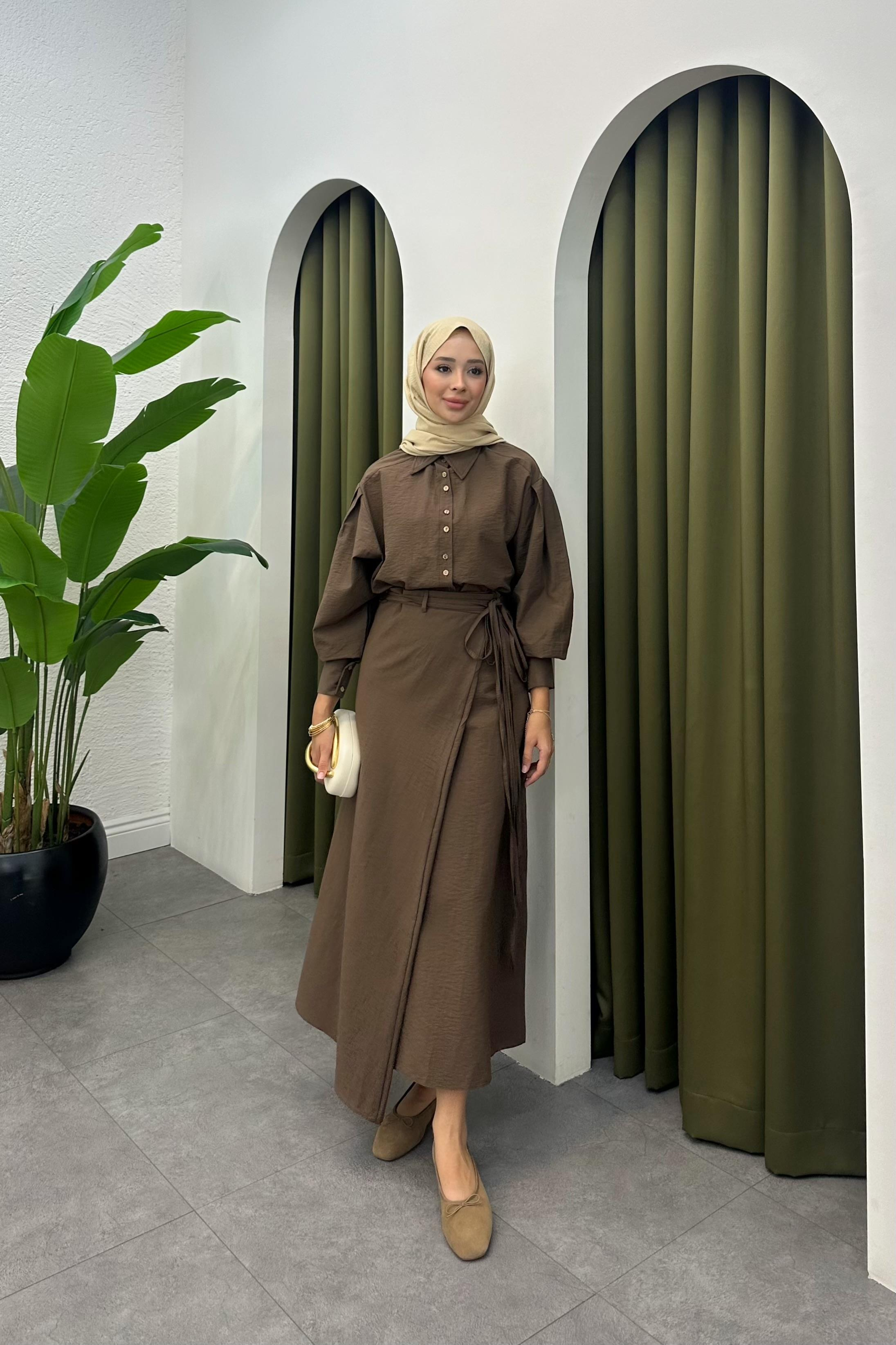 Denri Bağlama Detay Etek Takım - KAHVE