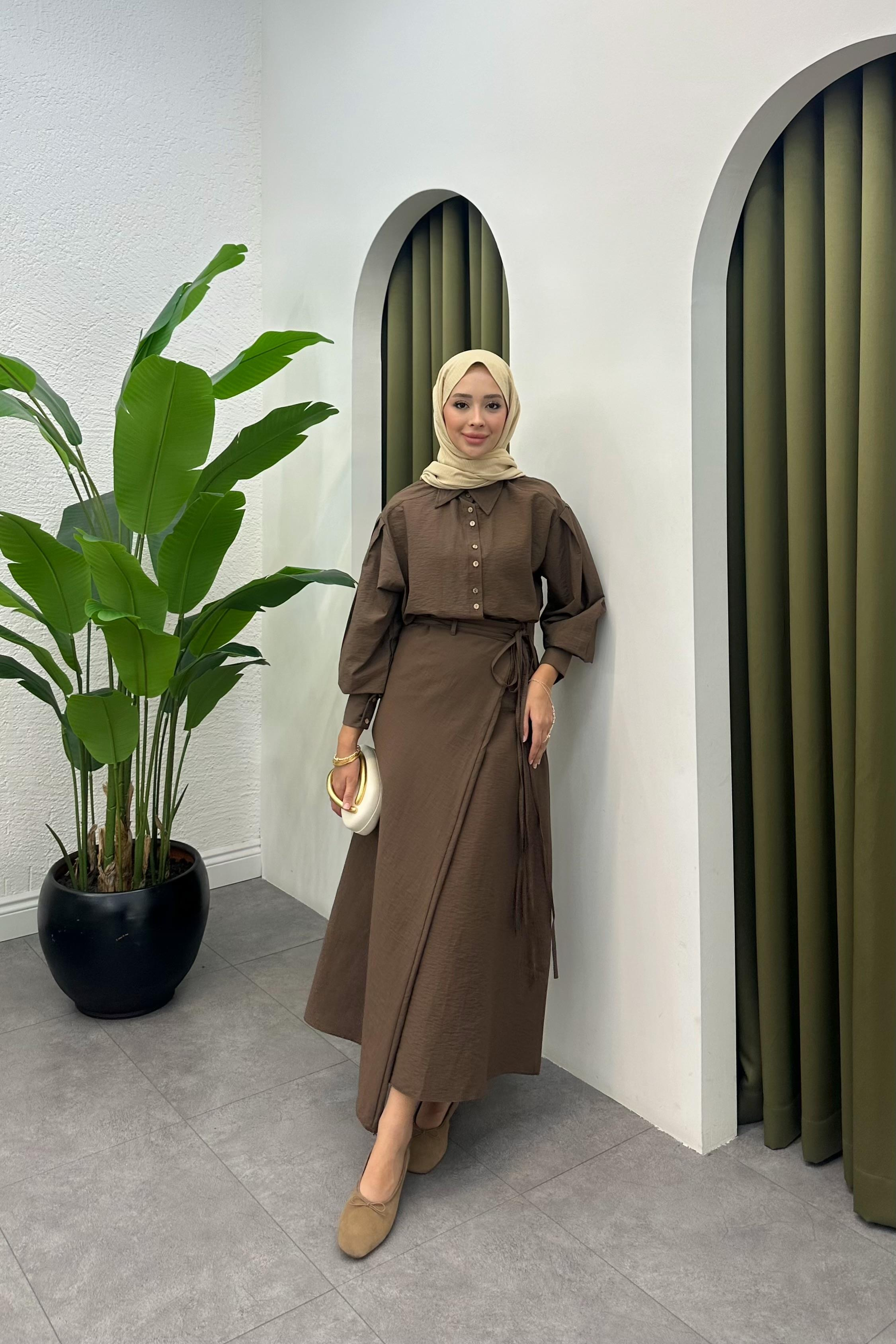 Denri Bağlama Detay Etek Takım - KAHVE