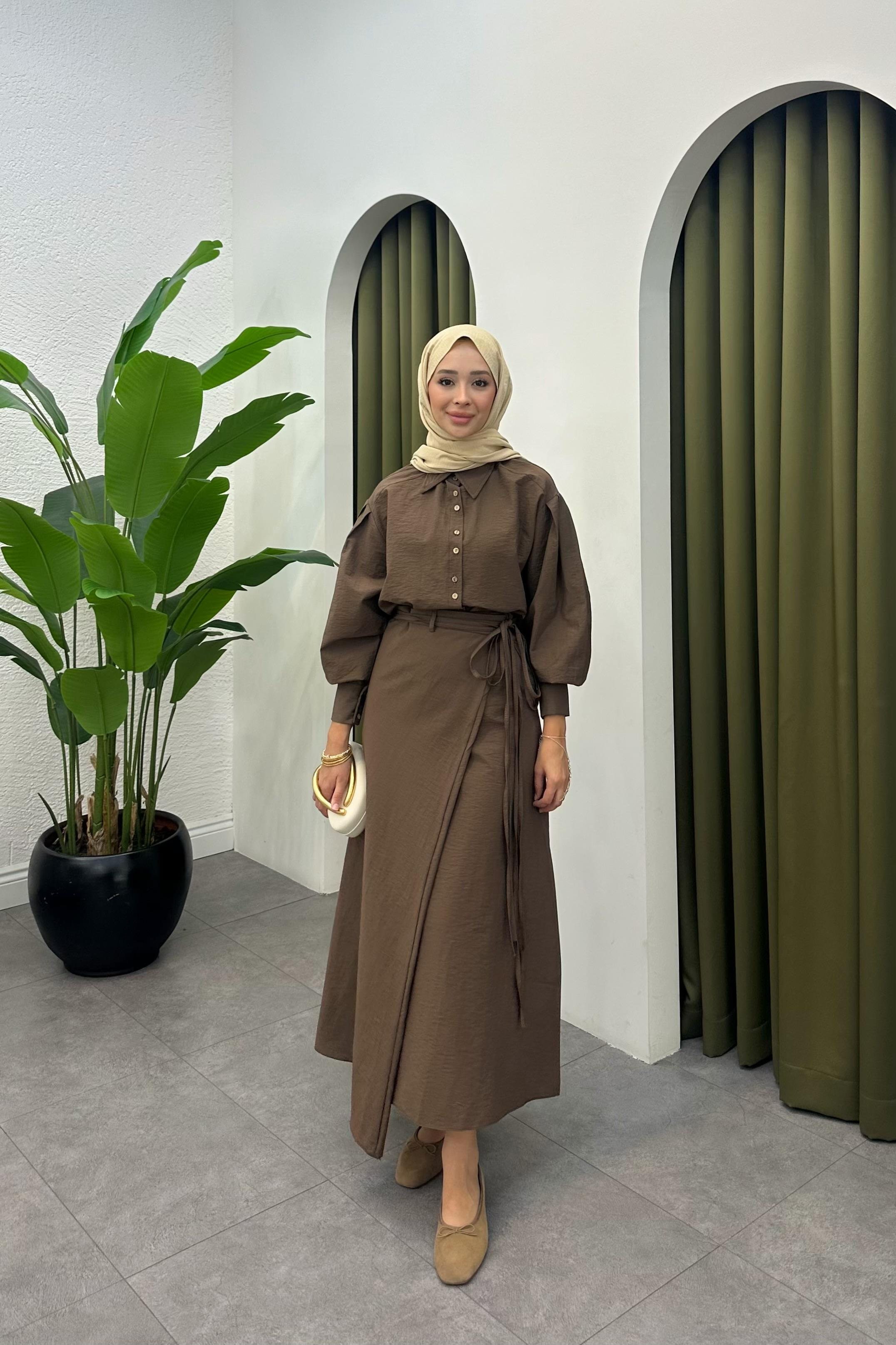 Denri Bağlama Detay Etek Takım - KAHVE