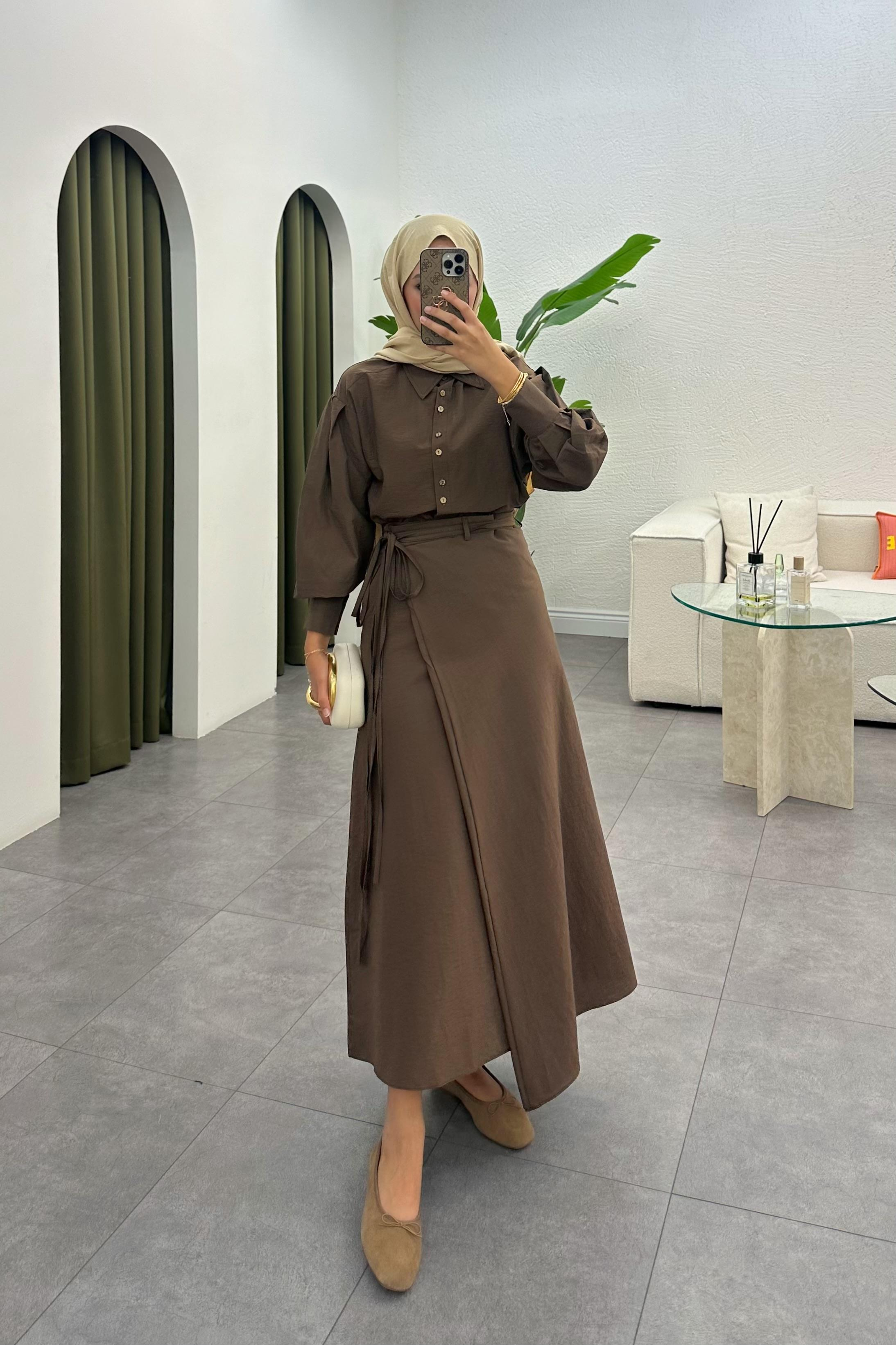 Denri Bağlama Detay Etek Takım - KAHVE