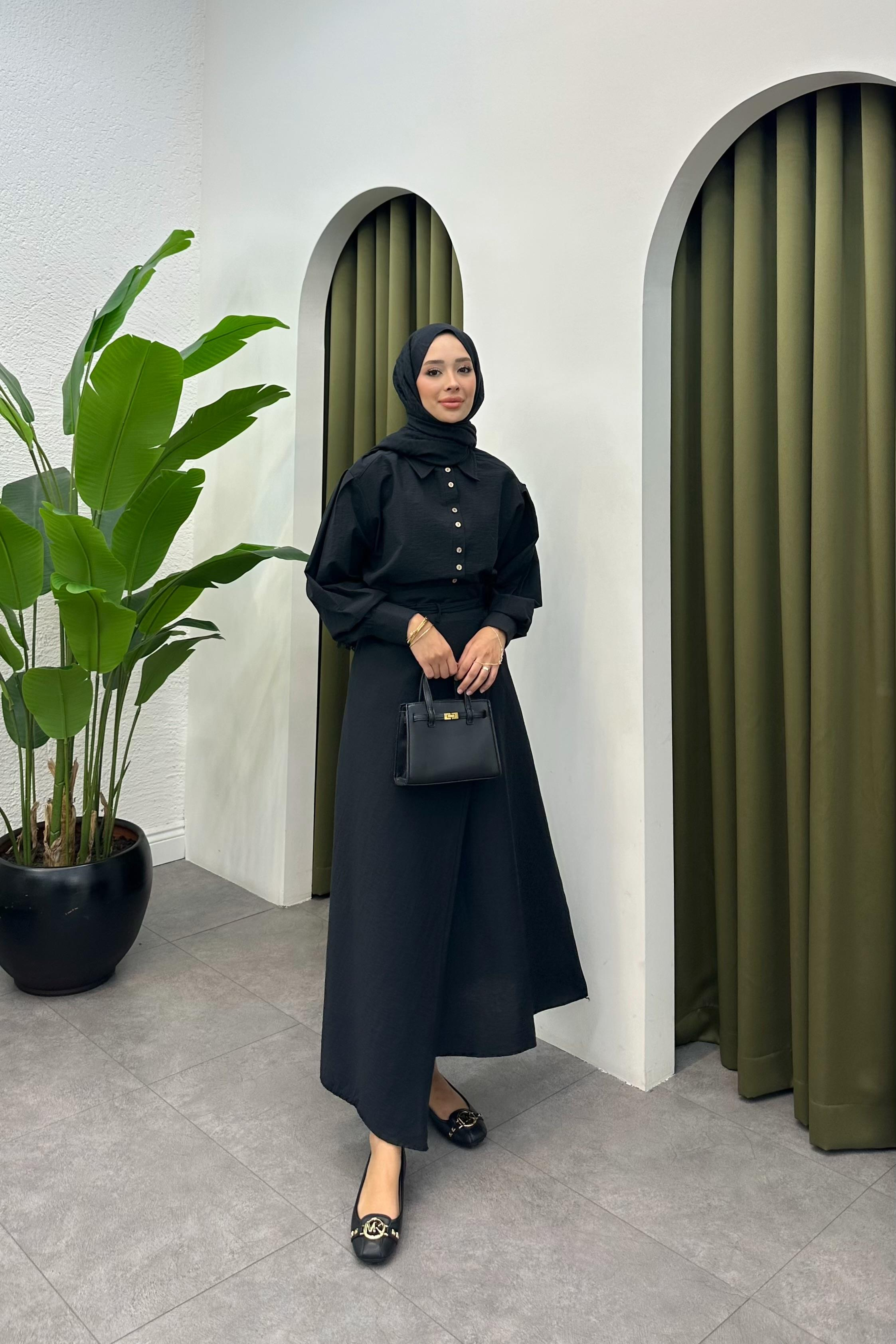 Denri Bağlama Detay Etek Takım - SİYAH