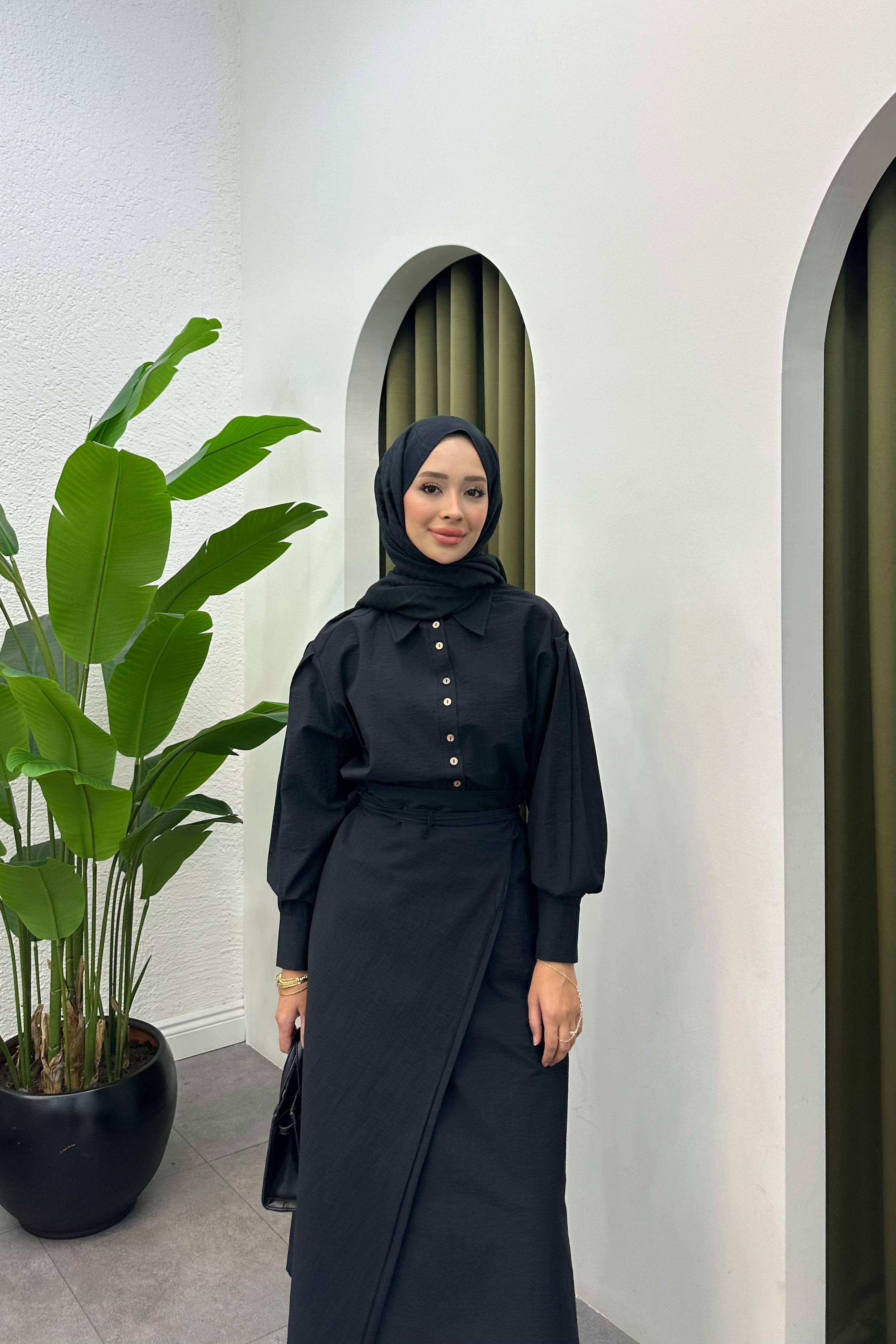 Denri Bağlama Detay Etek Takım - SİYAH