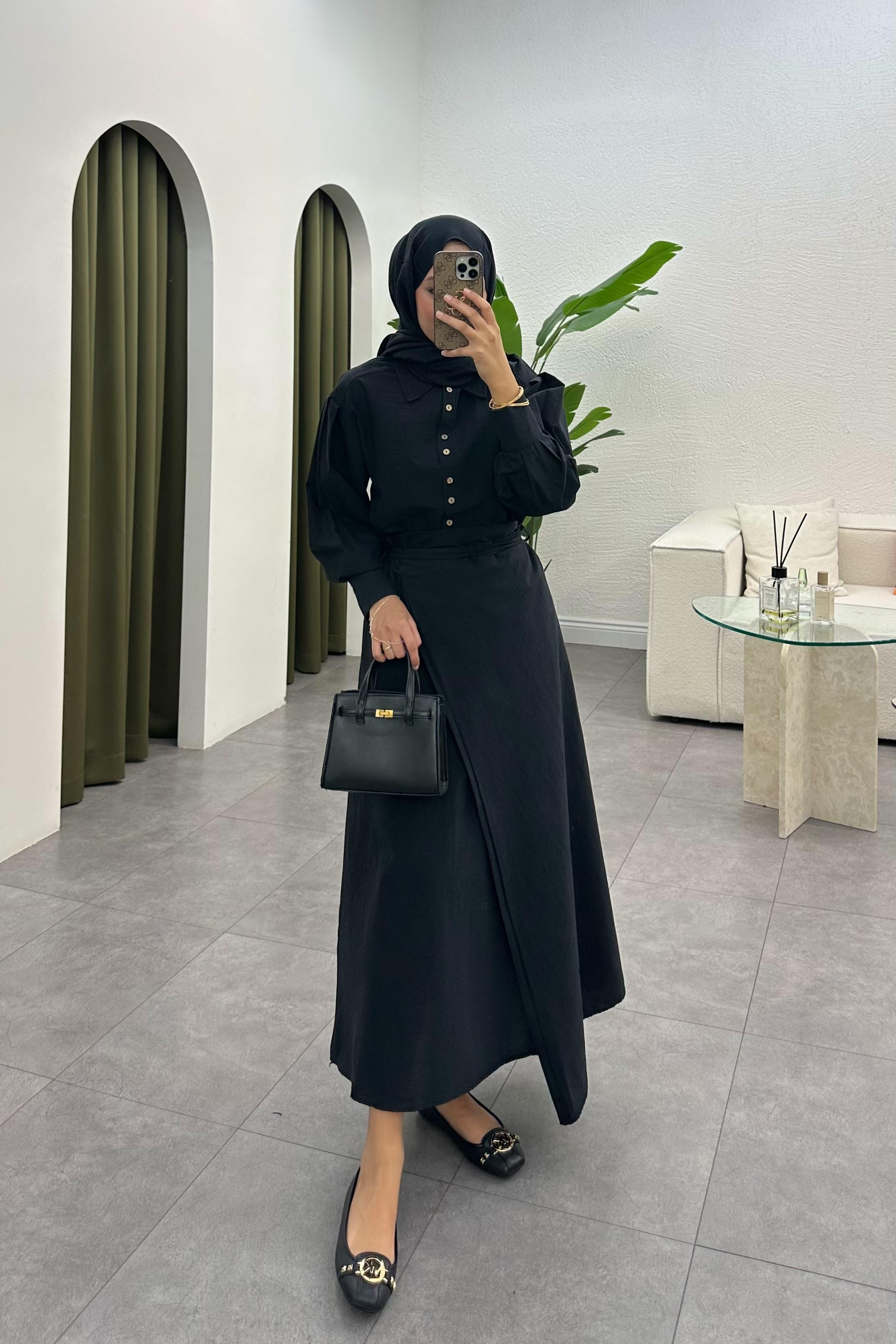 Denri Bağlama Detay Etek Takım - SİYAH