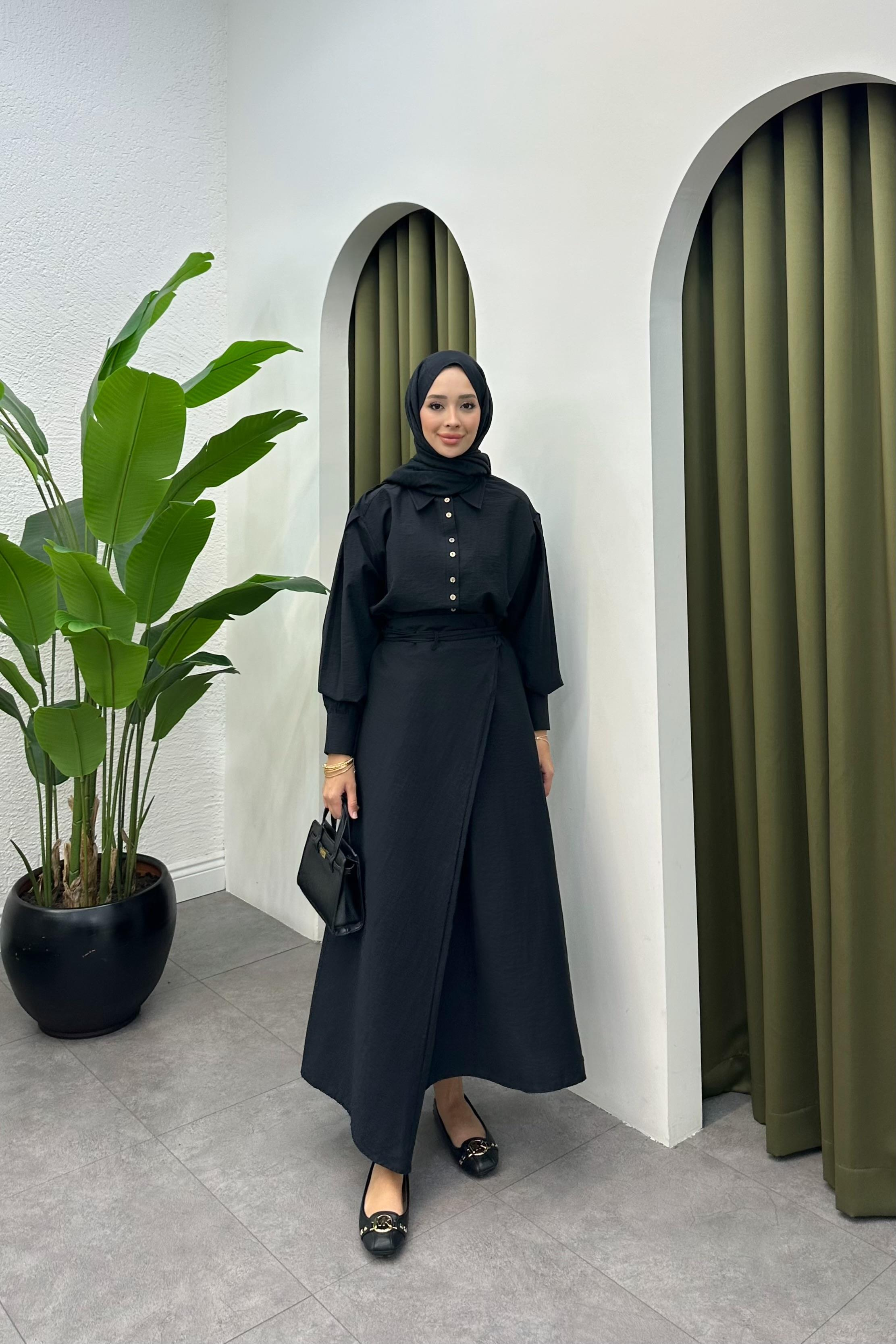 Denri Bağlama Detay Etek Takım - SİYAH