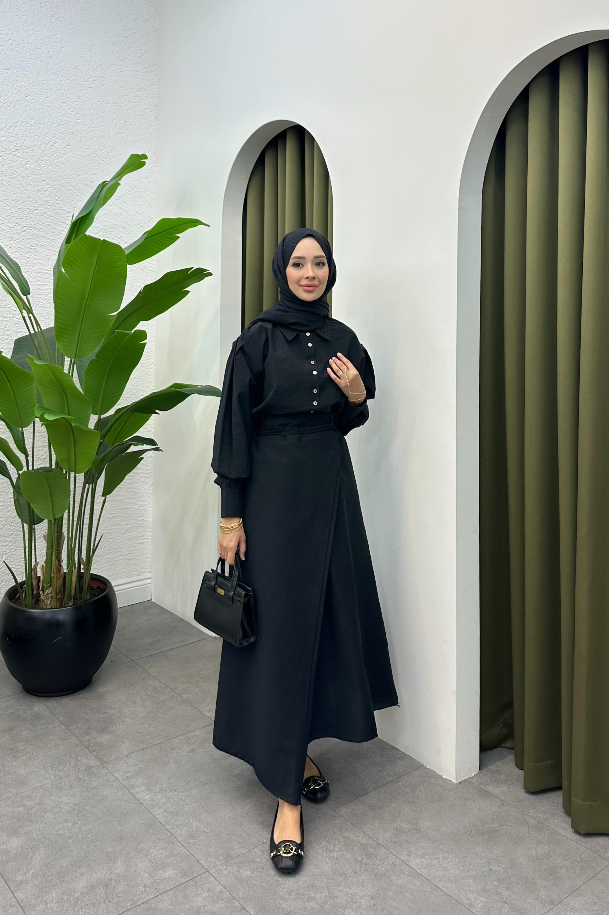 Denri Bağlama Detay Etek Takım - SİYAH