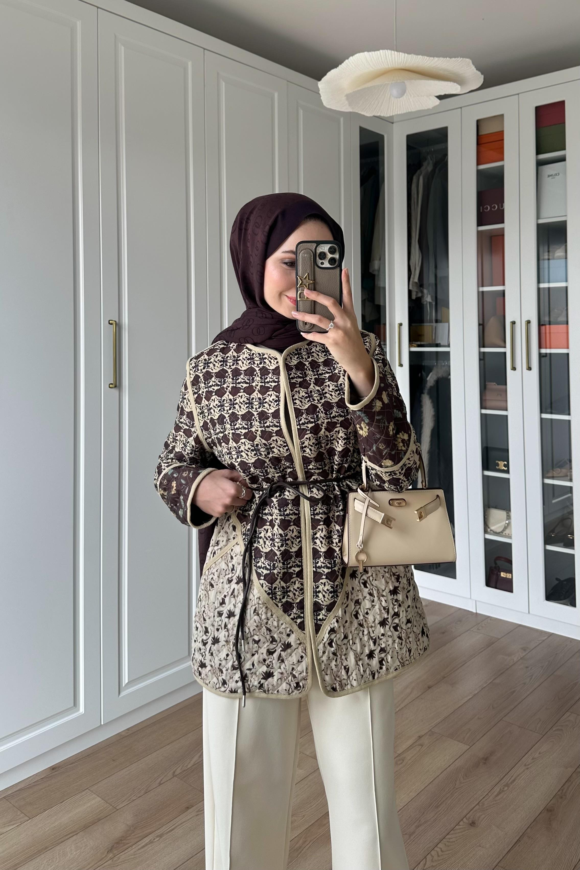 Deri Kemerli Etnik Ceket - KAHVE