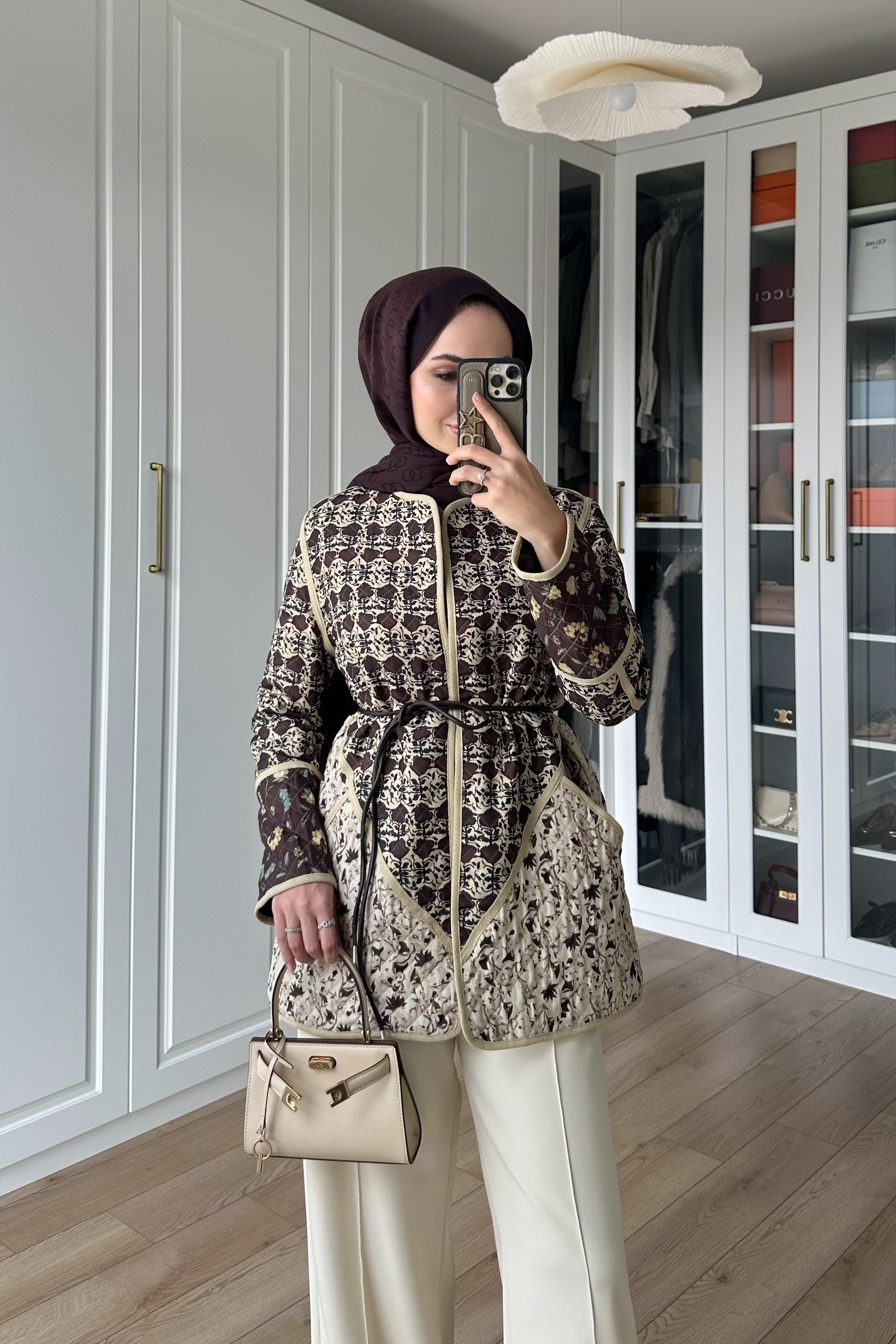 Deri Kemerli Etnik Ceket - KAHVE