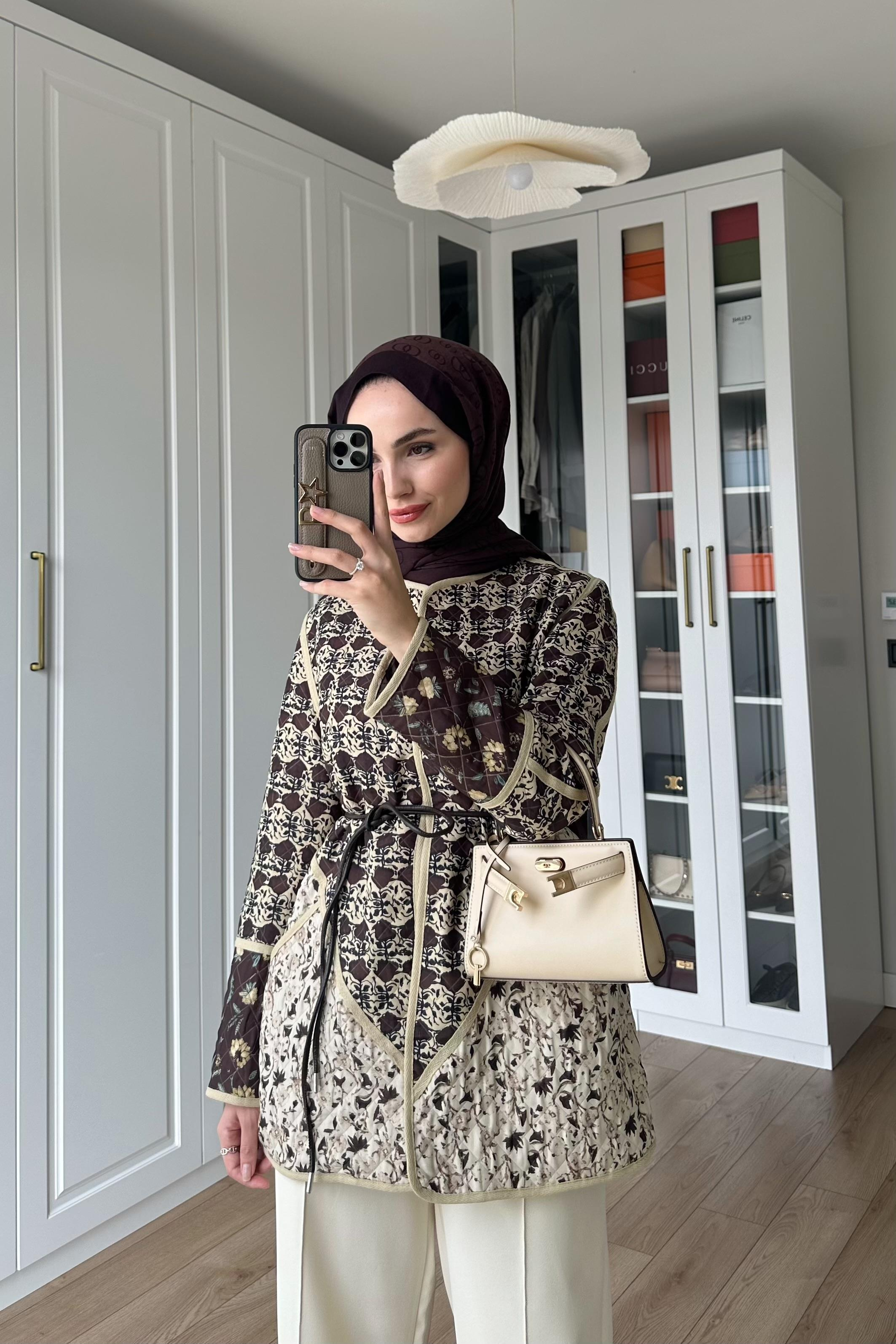 Deri Kemerli Etnik Ceket - KAHVE