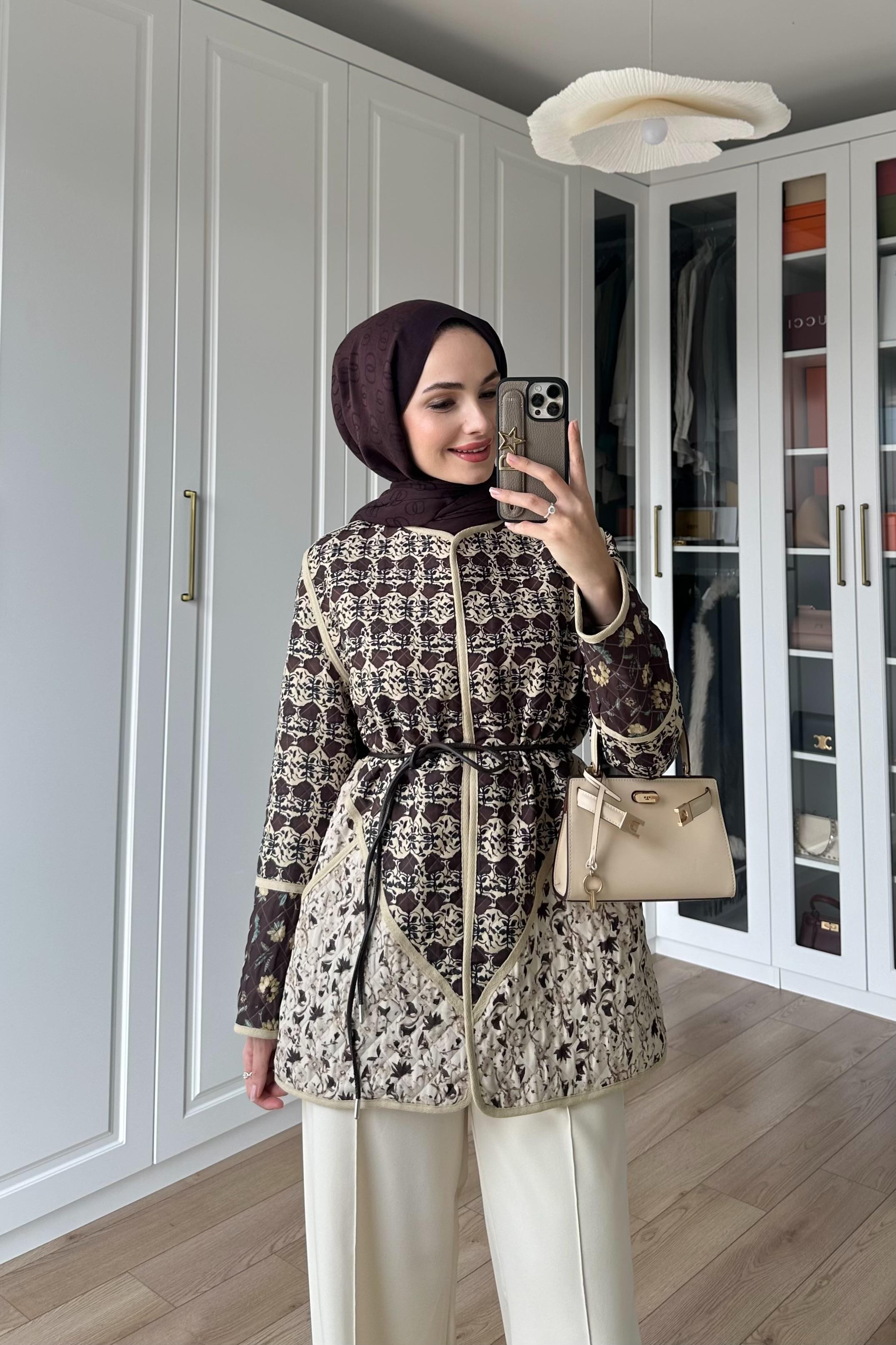 Deri Kemerli Etnik Ceket - KAHVE