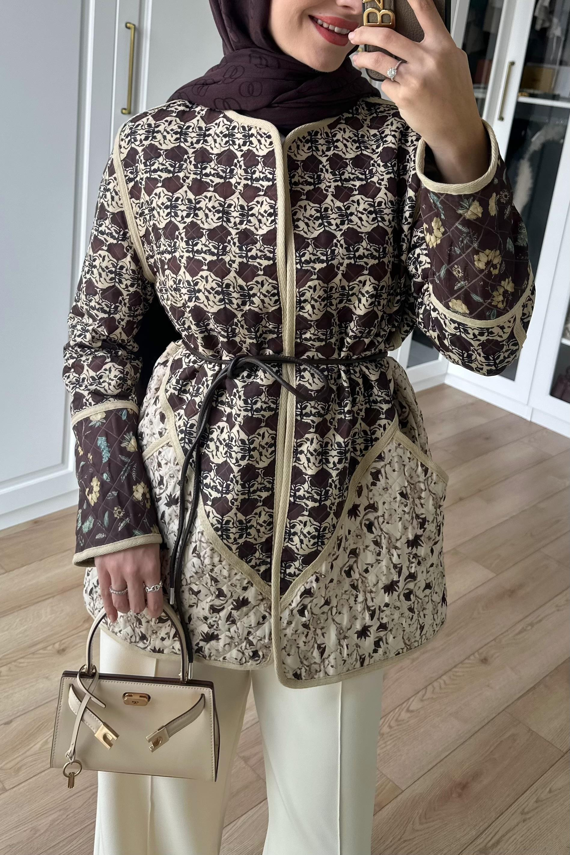 Deri Kemerli Etnik Ceket - KAHVE