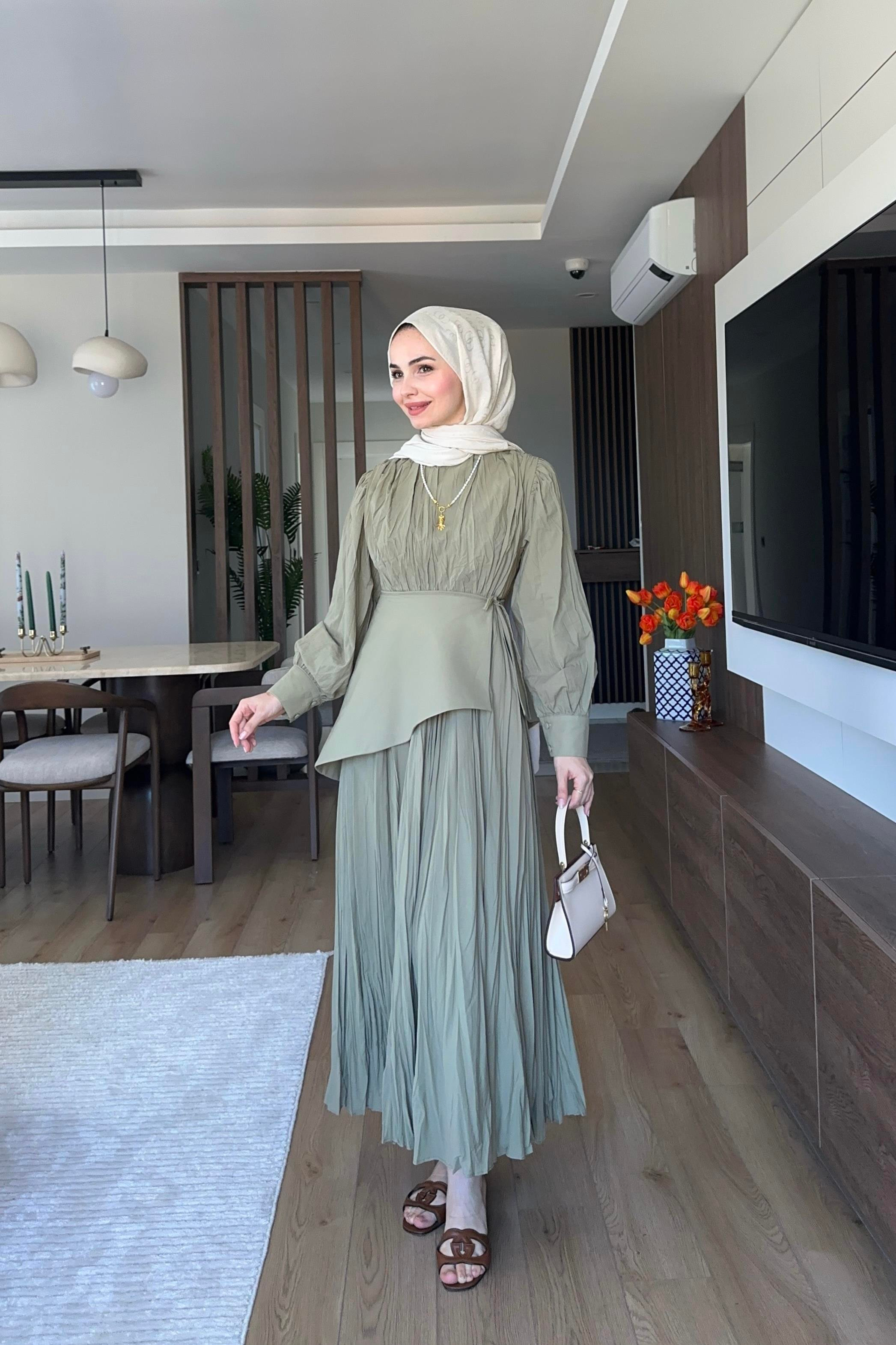 Diane Büzgülü Kuşak Detay Elbise - HAKİ