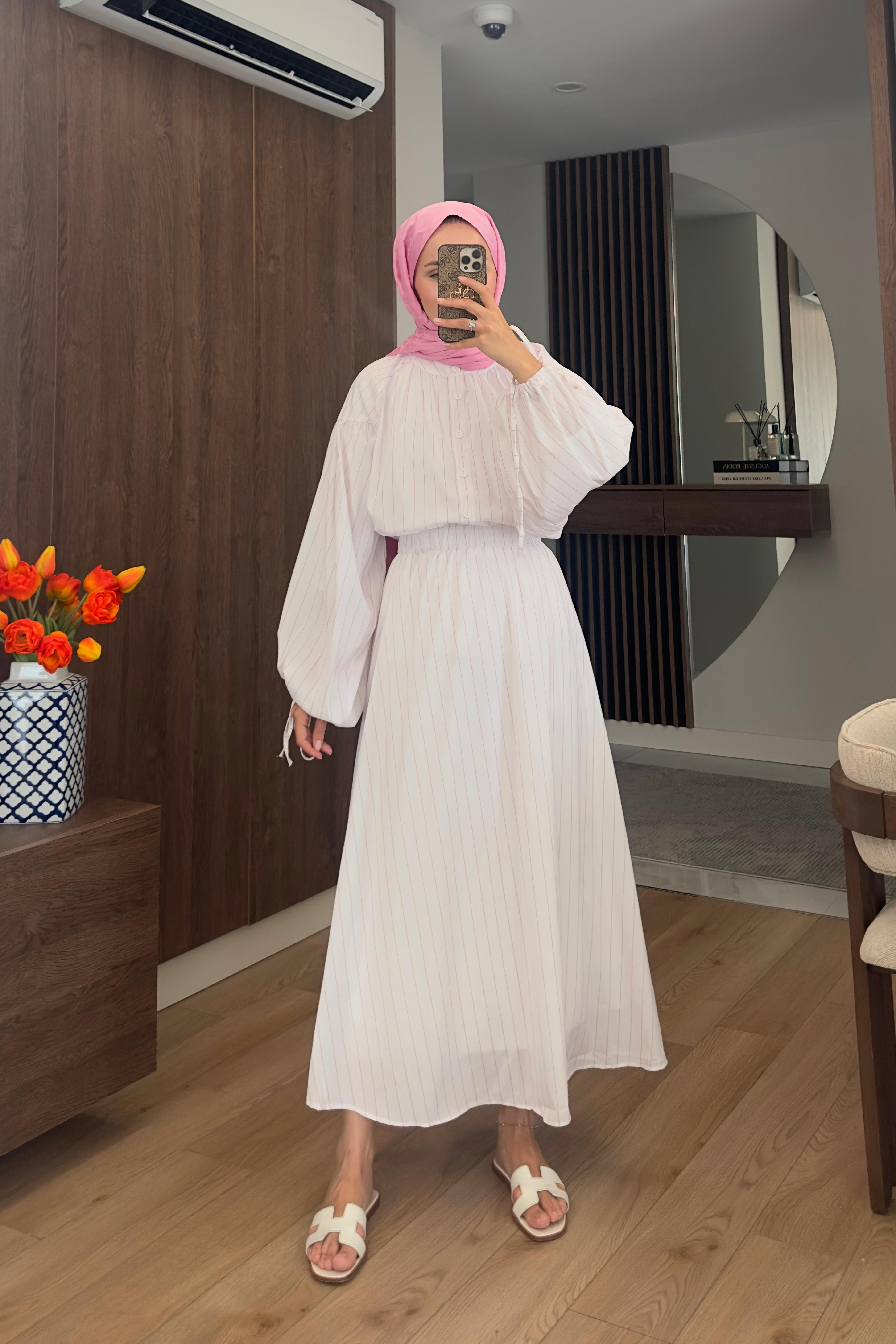 Gabriel Çizgili Etek Takım - PEMBE