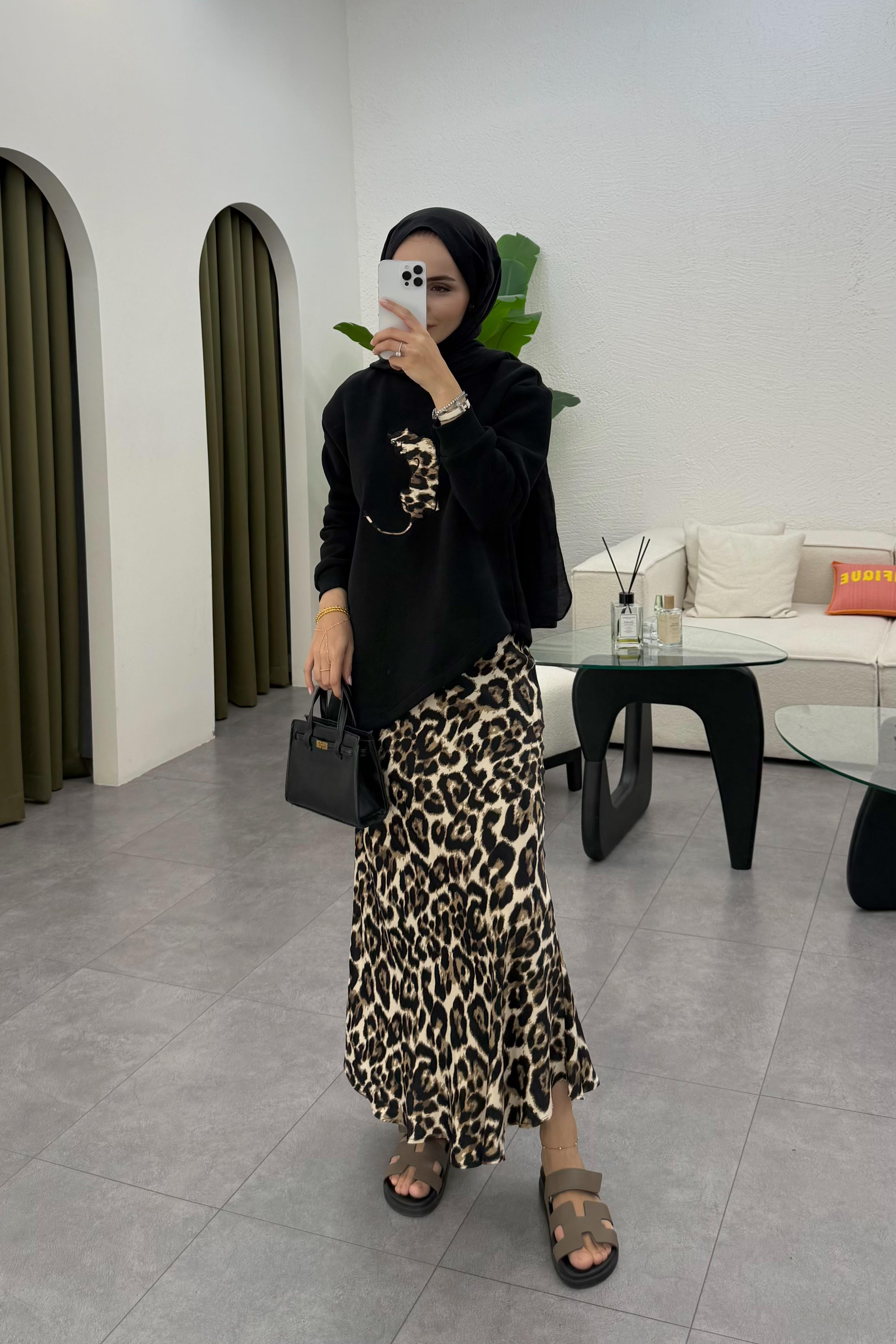 Jose Leopar Desenli Etek Takım - SİYAH