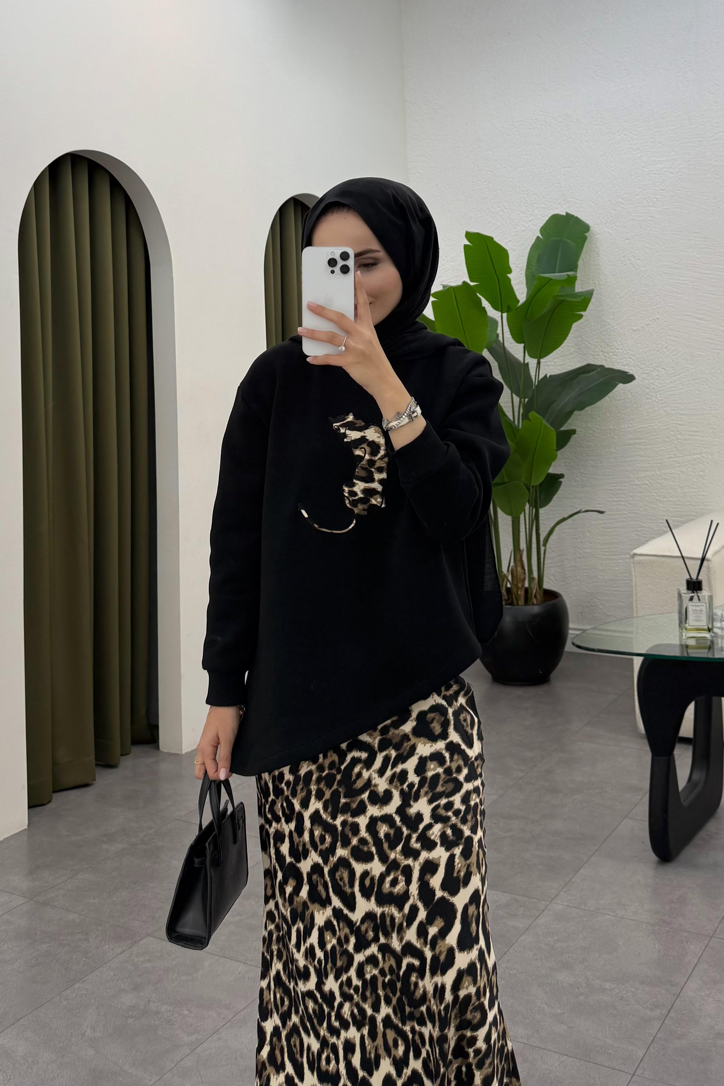 Jose Leopar Desenli Etek Takım - SİYAH