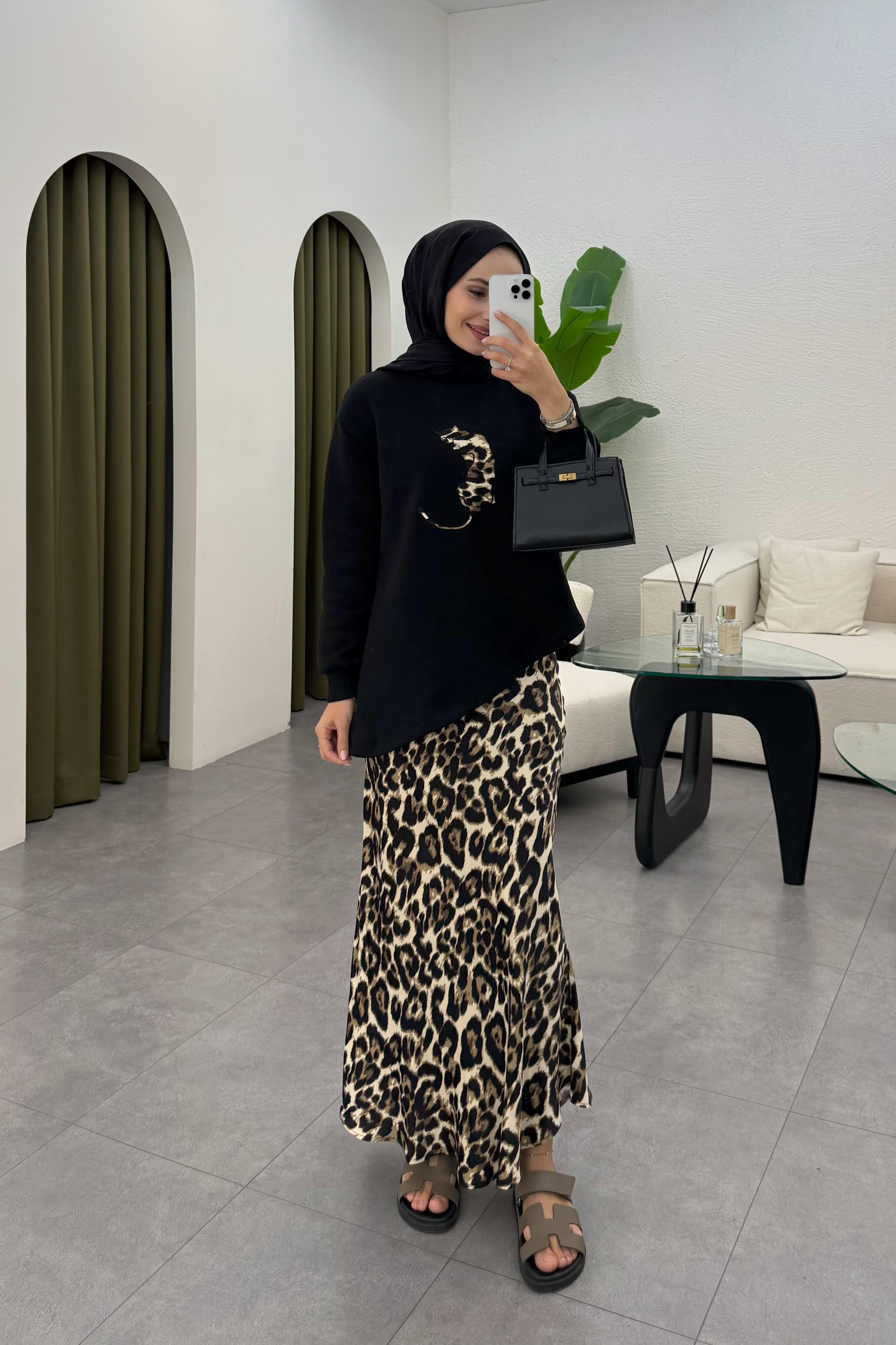 Jose Leopar Desenli Etek Takım - SİYAH