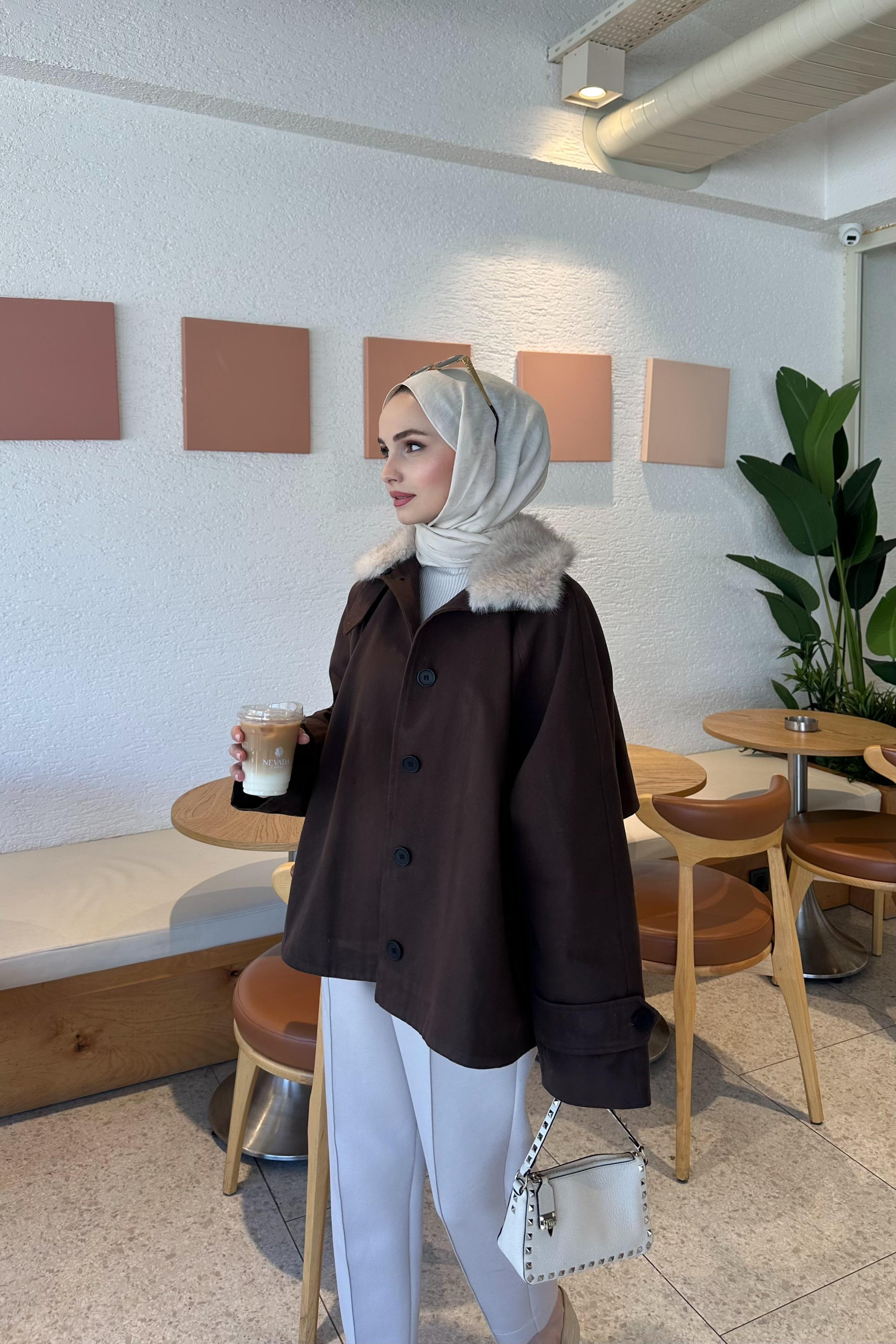 Kürk Detay Gabardin Ceket - KAHVE