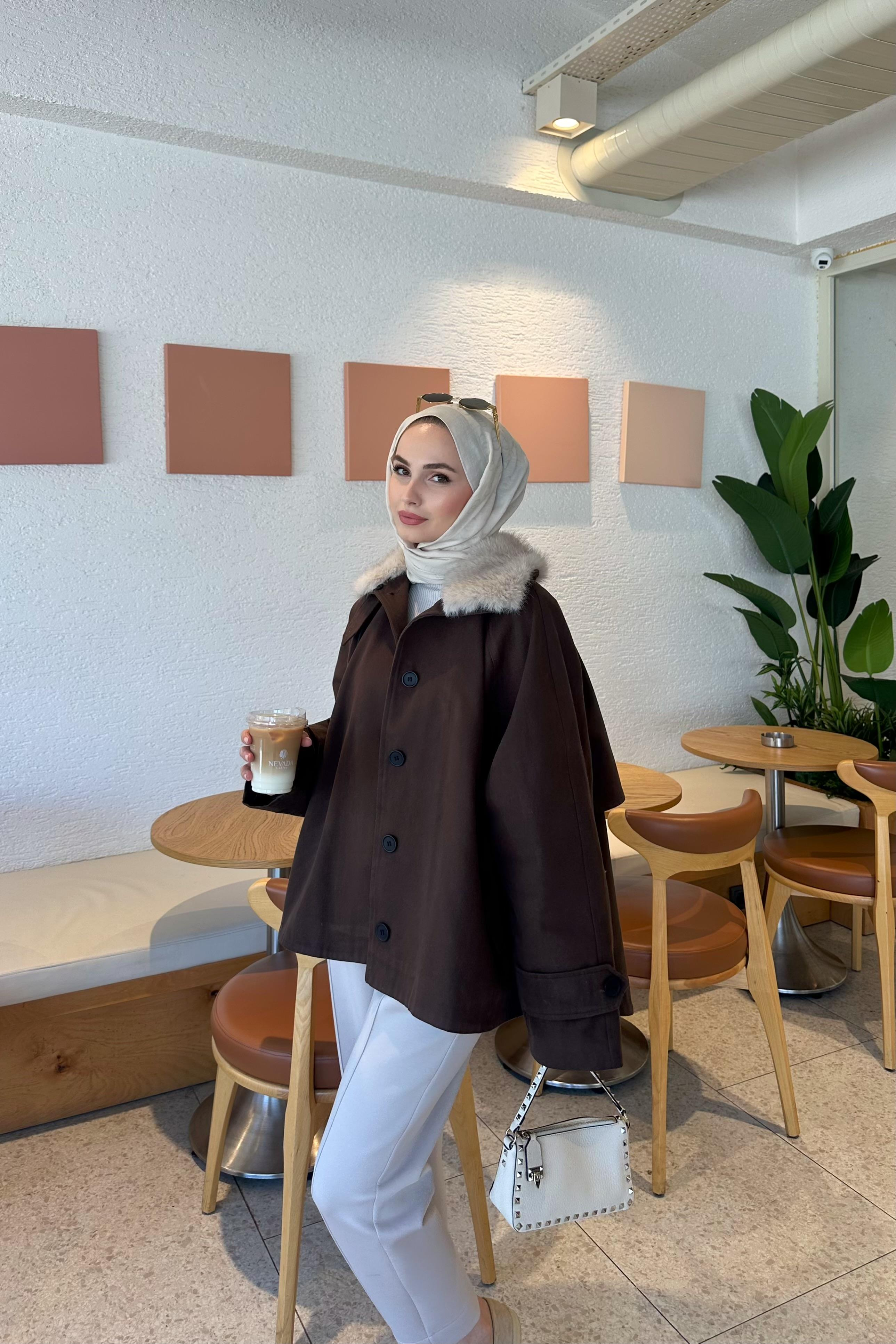 Kürk Detay Gabardin Ceket - KAHVE