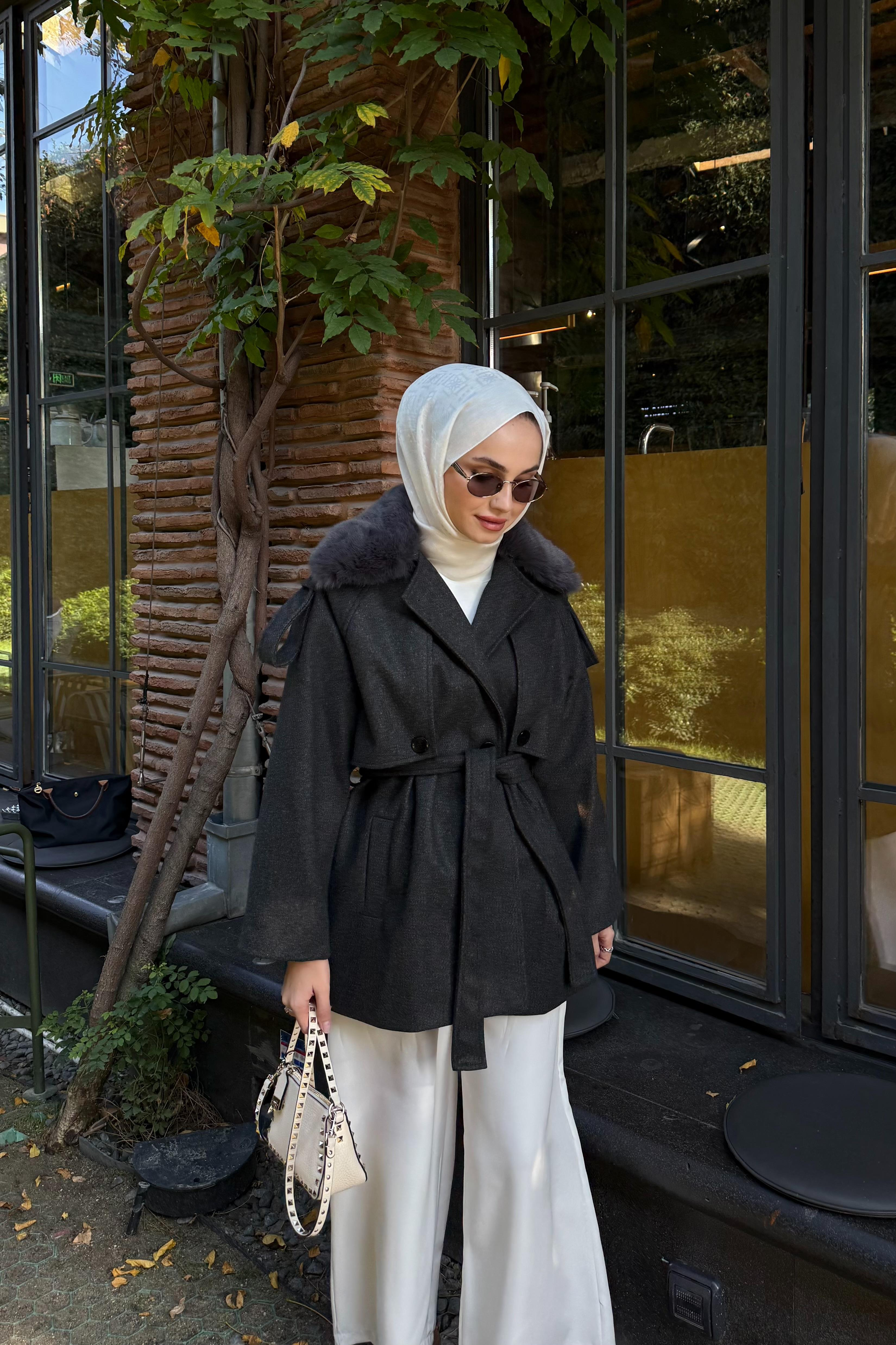 Kürk Detay Kısa Kaban - ANTRASİT