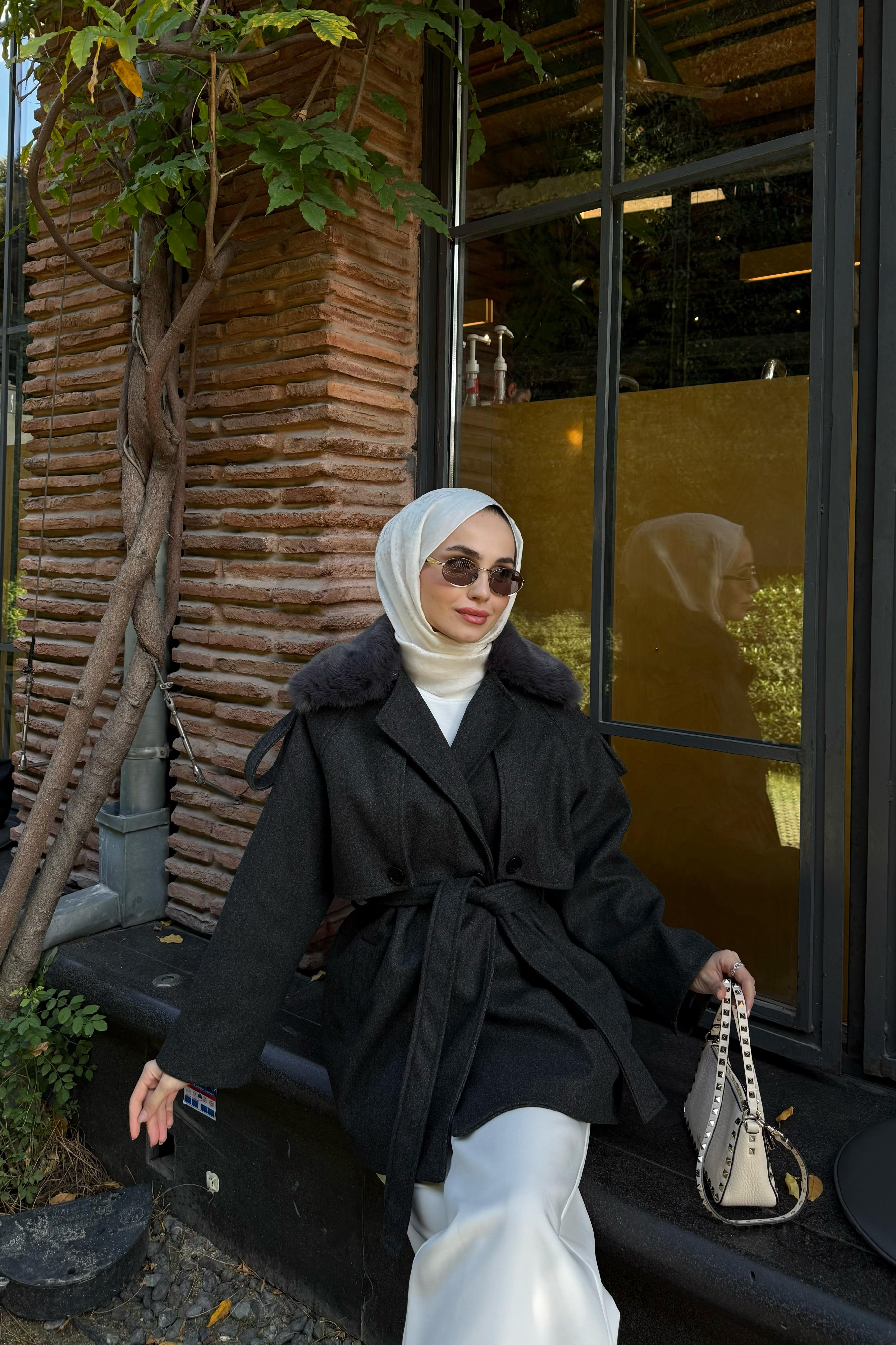 Kürk Detay Kısa Kaban - ANTRASİT