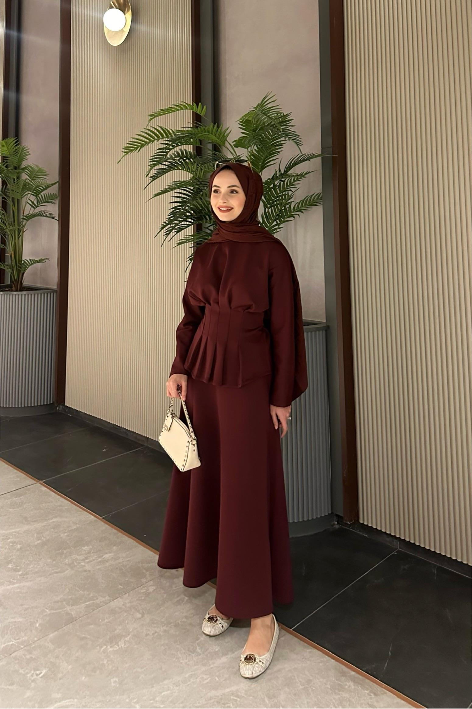 Mayi Pile Detay Etek Takım - BORDO