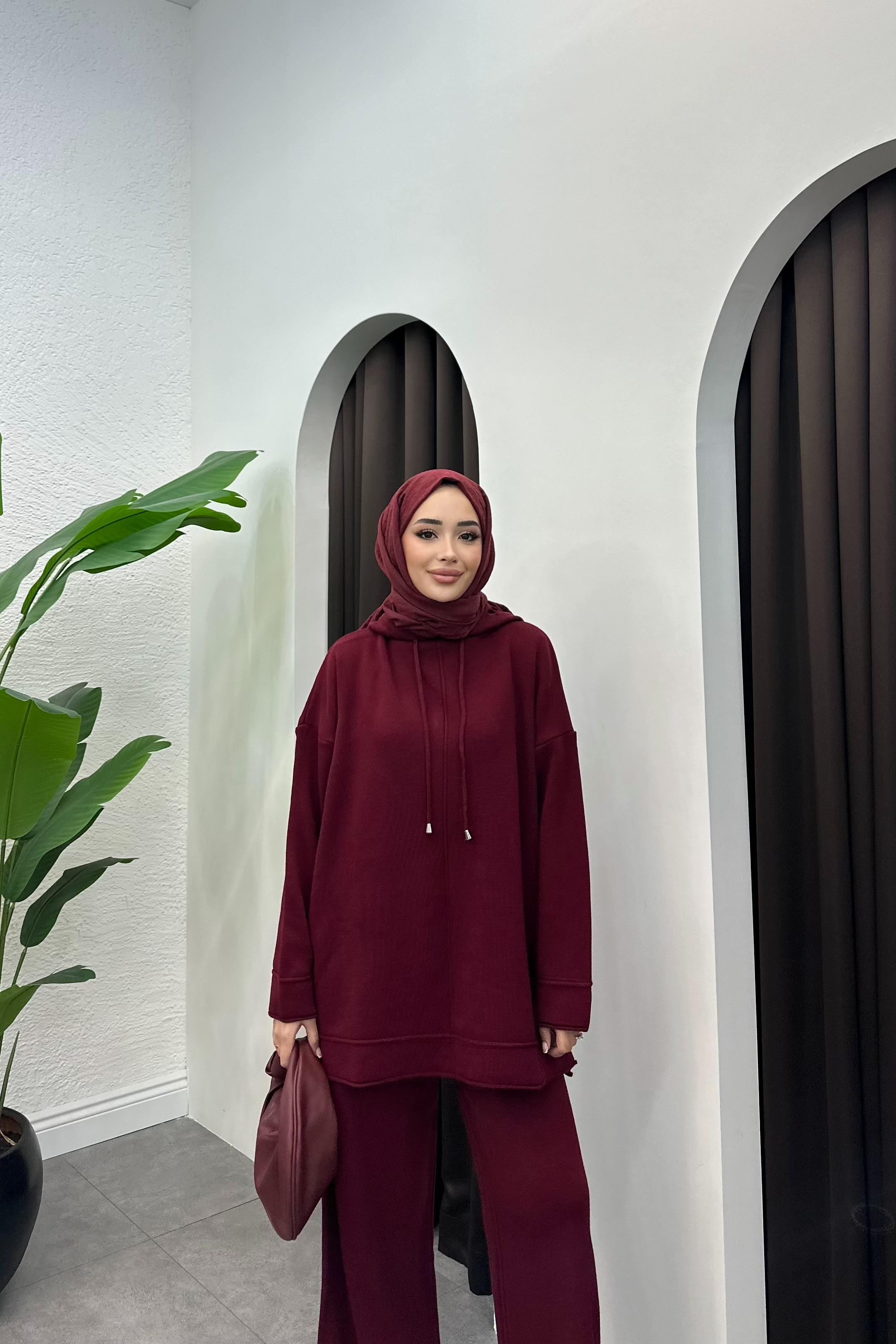 Maysa Kapşonlu Triko Takım - BORDO