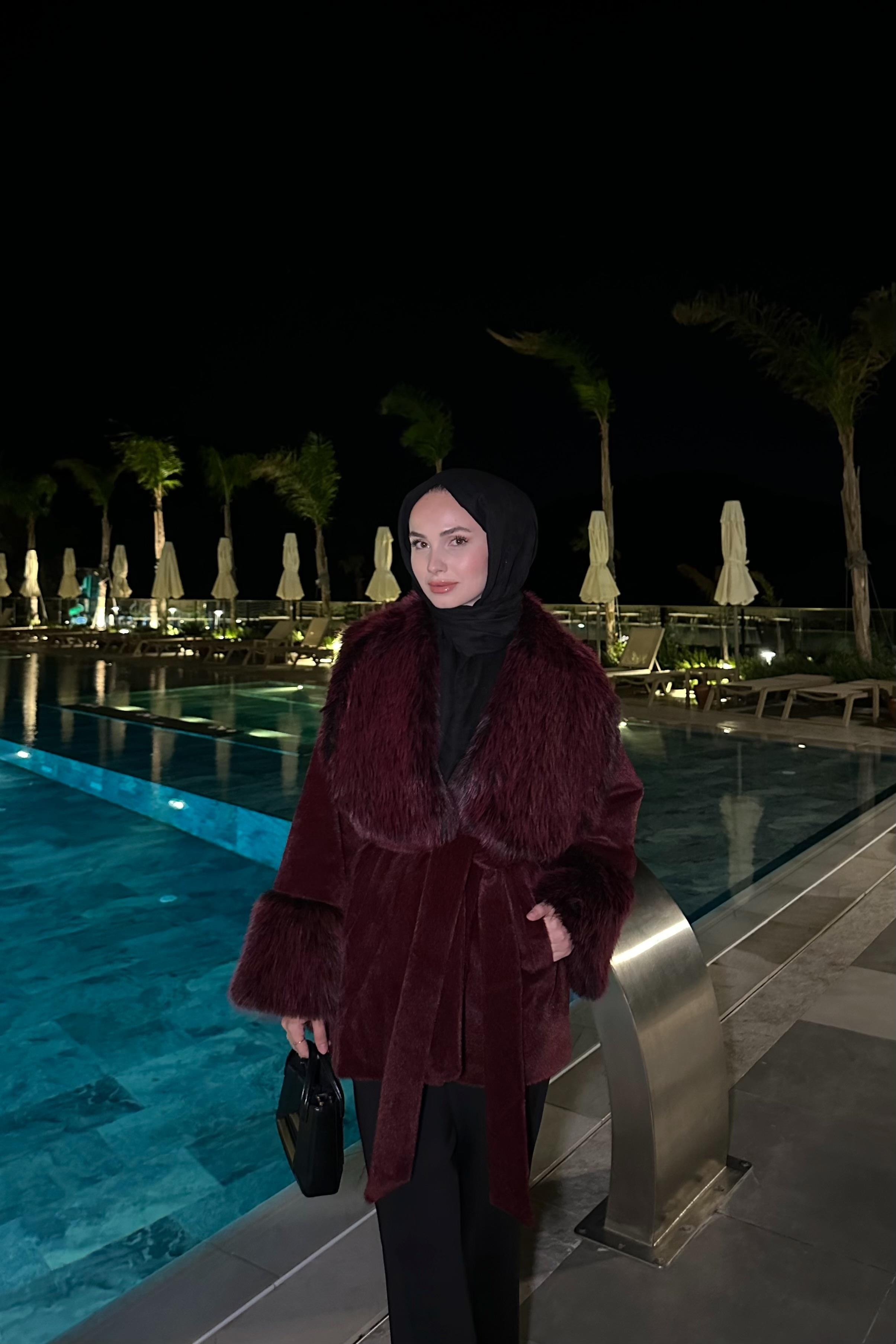 Melinos Kürk Detaylı Kaban - BORDO