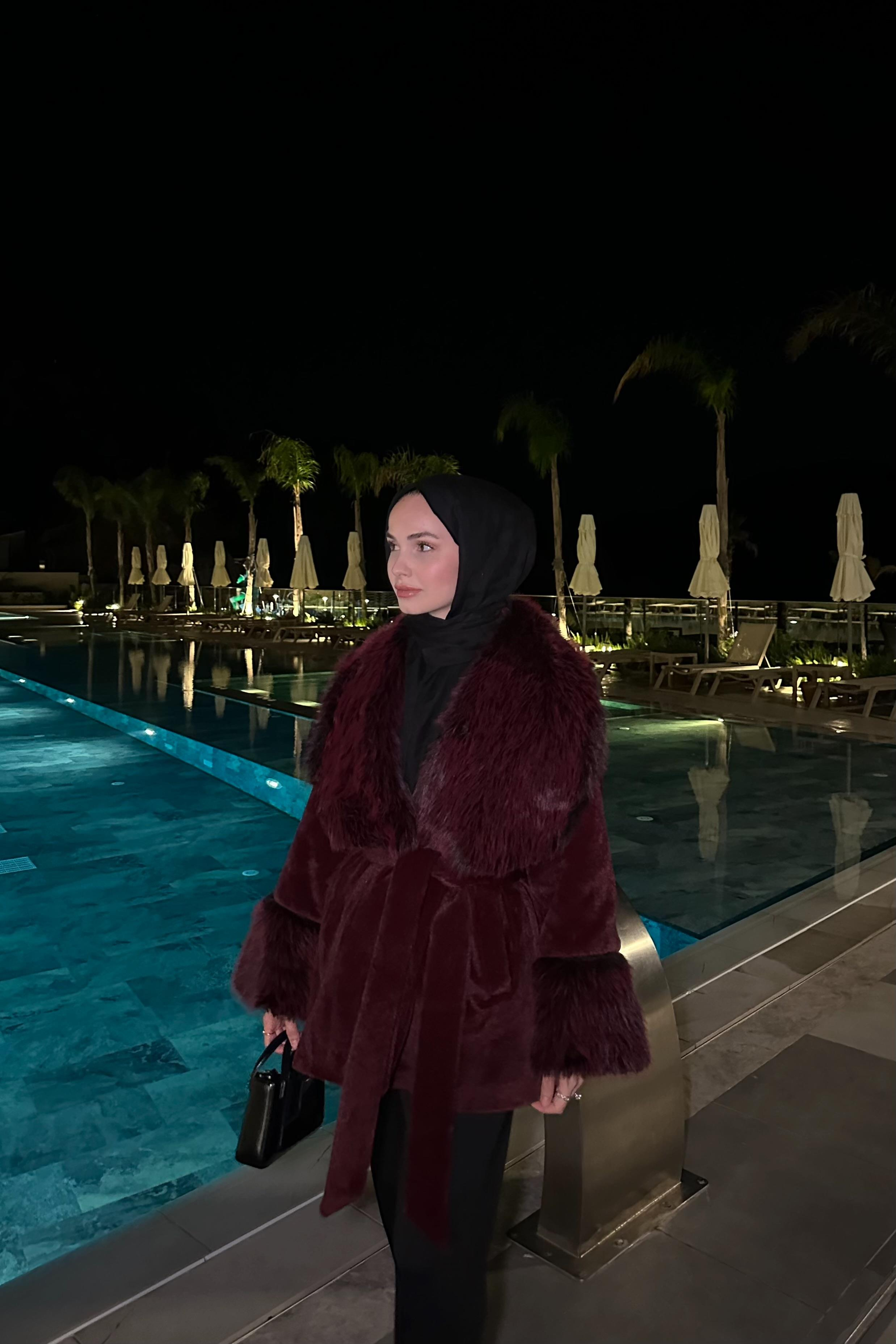 Melinos Kürk Detaylı Kaban - BORDO