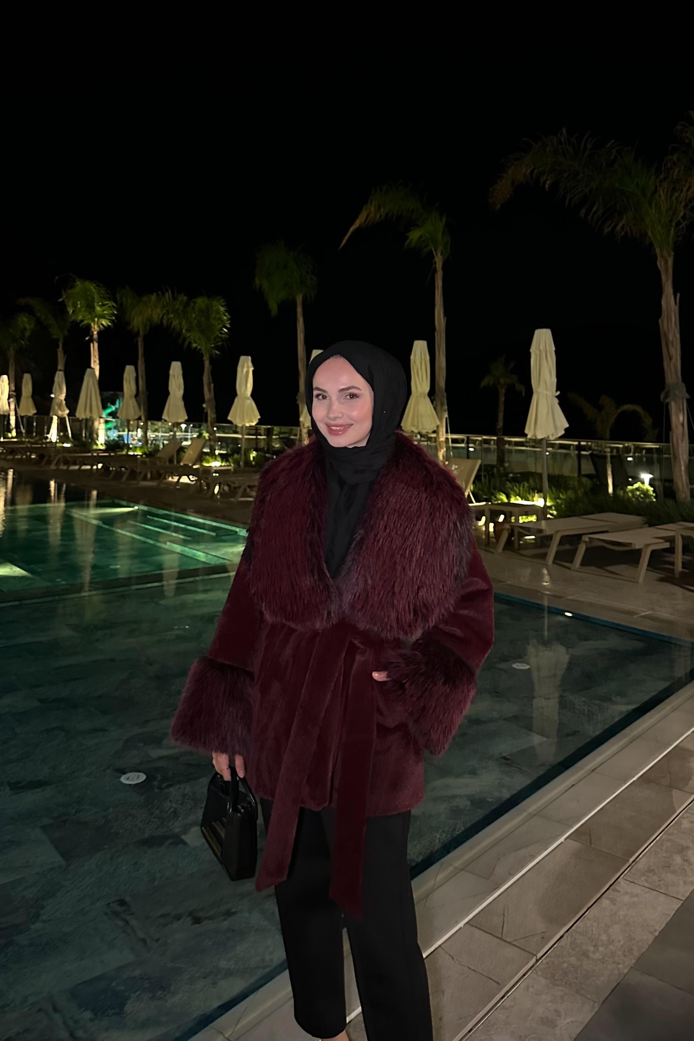 Melinos Kürk Detaylı Kaban - BORDO