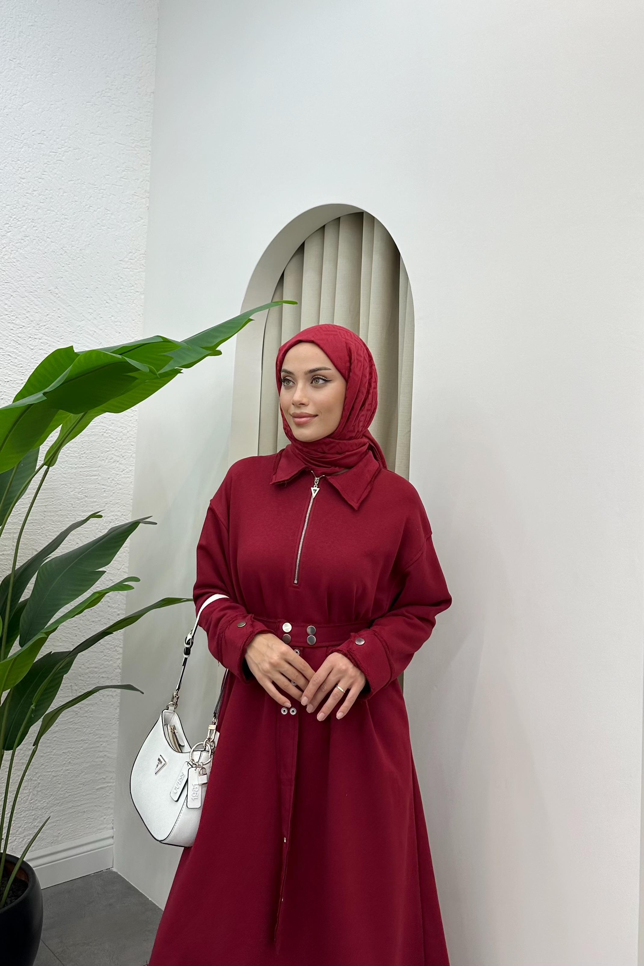 Mina Kemer Detaylı Sweat Elbise - BORDO