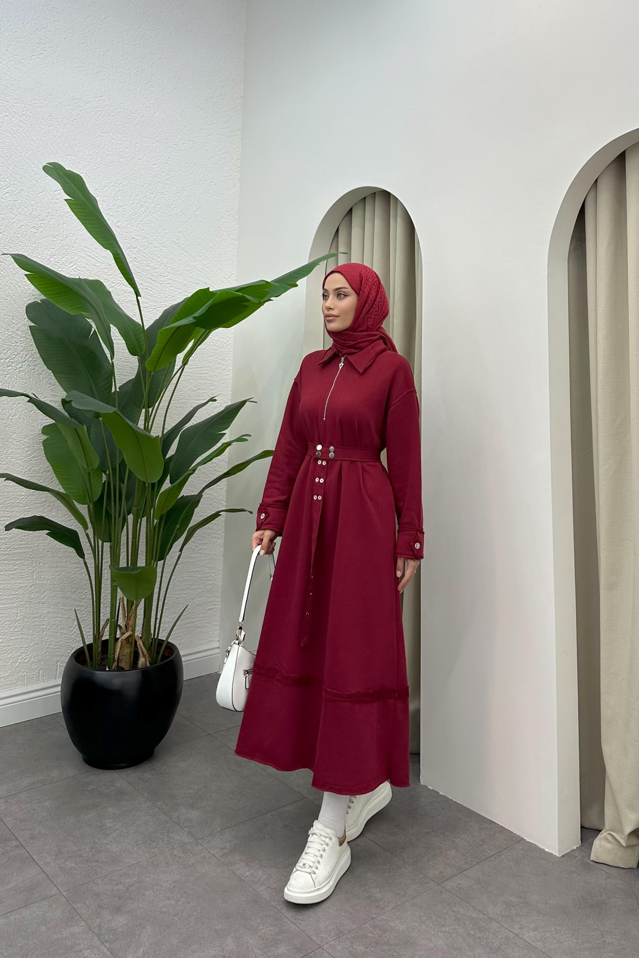 Mina Kemer Detaylı Sweat Elbise - BORDO