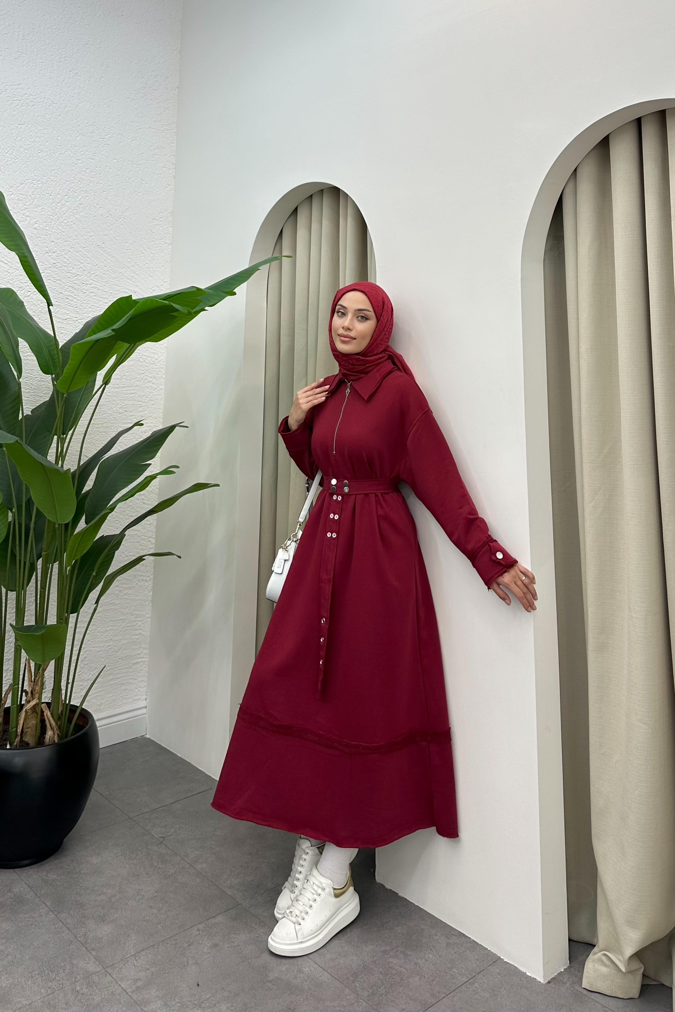 Mina Kemer Detaylı Sweat Elbise - BORDO