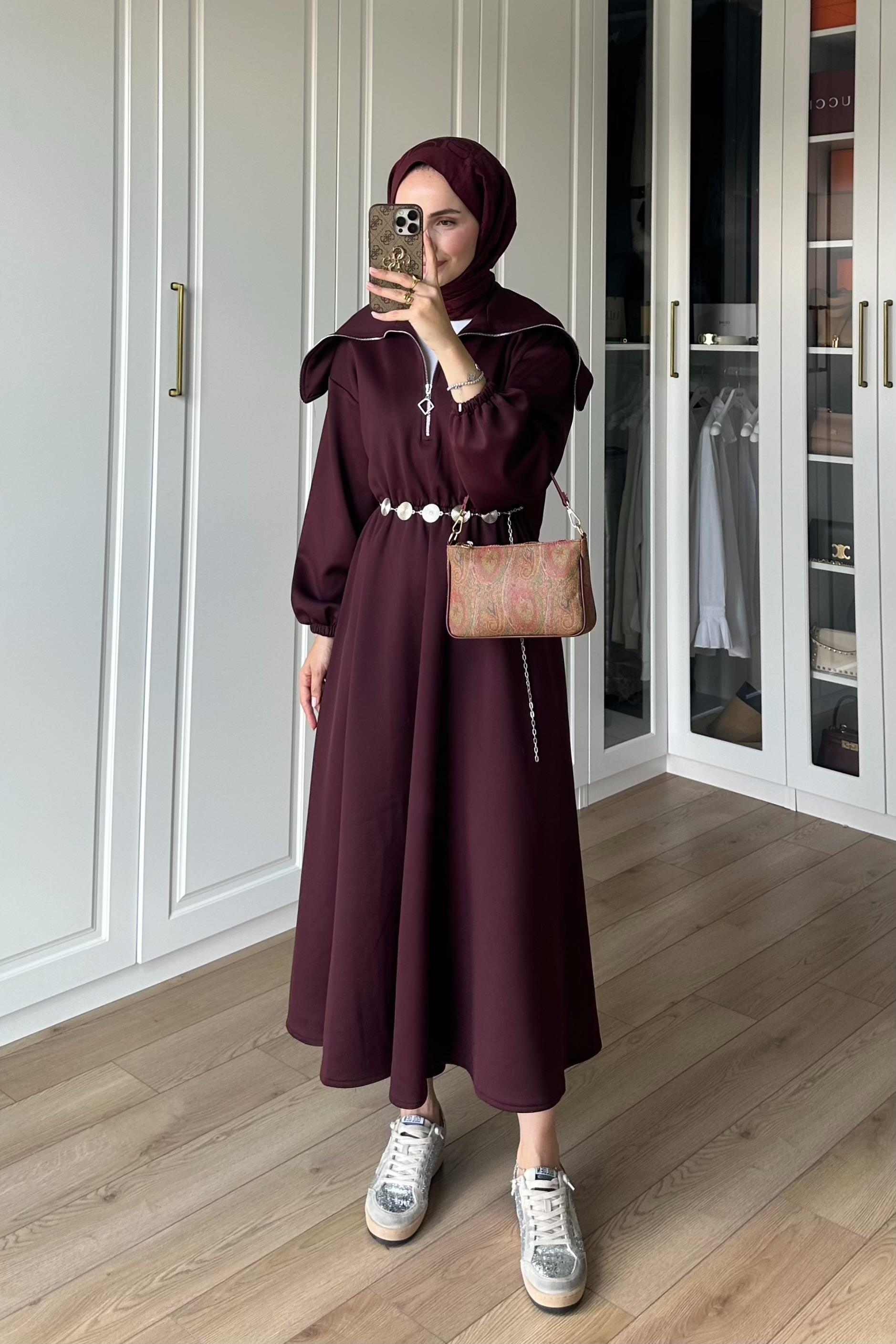 Mordino Yaka Detay Scuba Elbise - BORDO