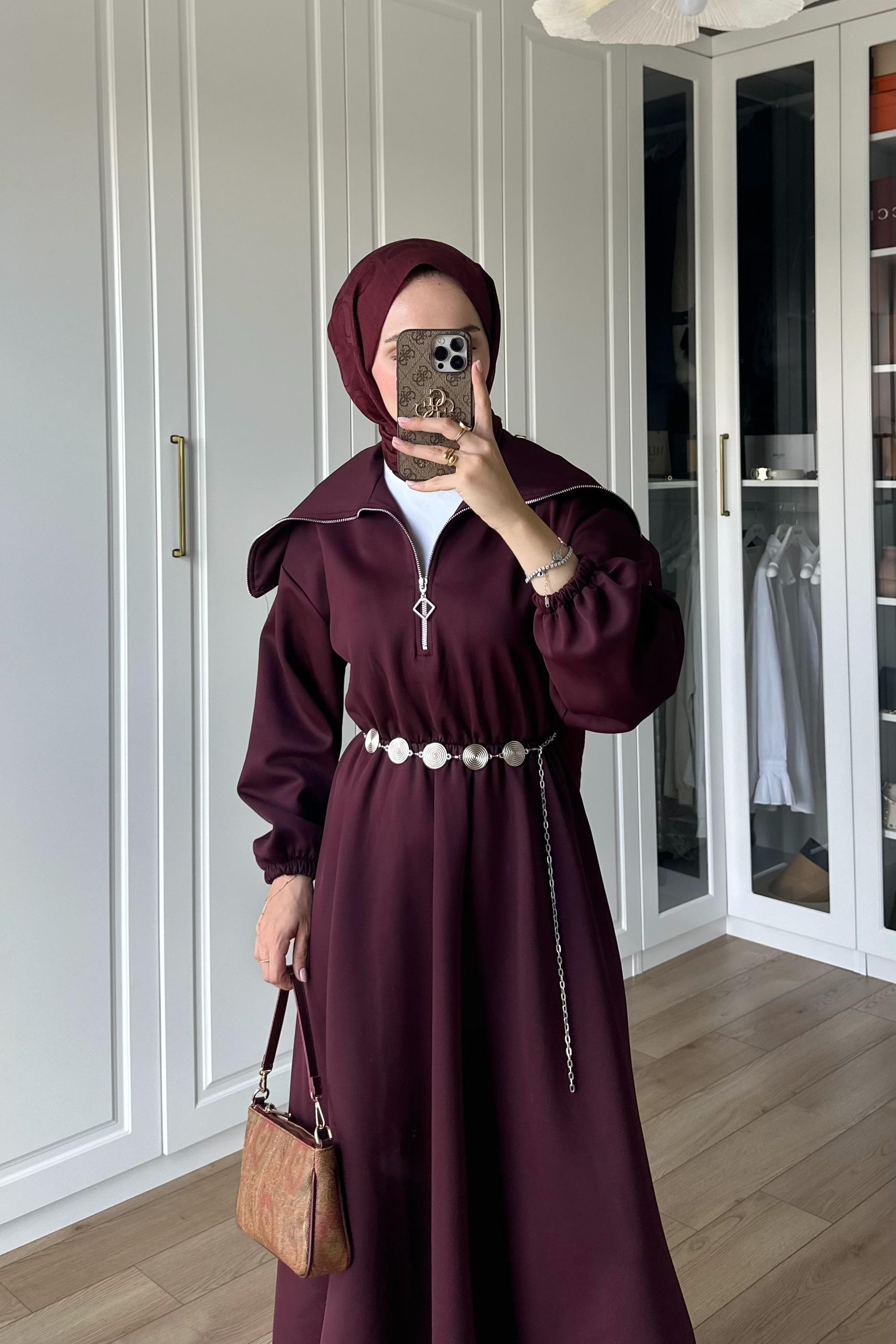 Mordino Yaka Detay Scuba Elbise - BORDO