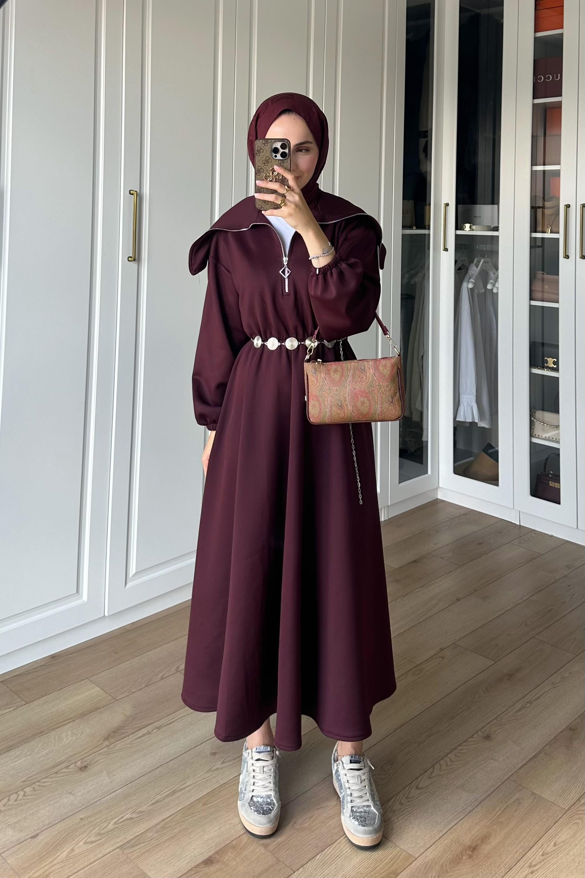 Mordino Yaka Detay Scuba Elbise - BORDO